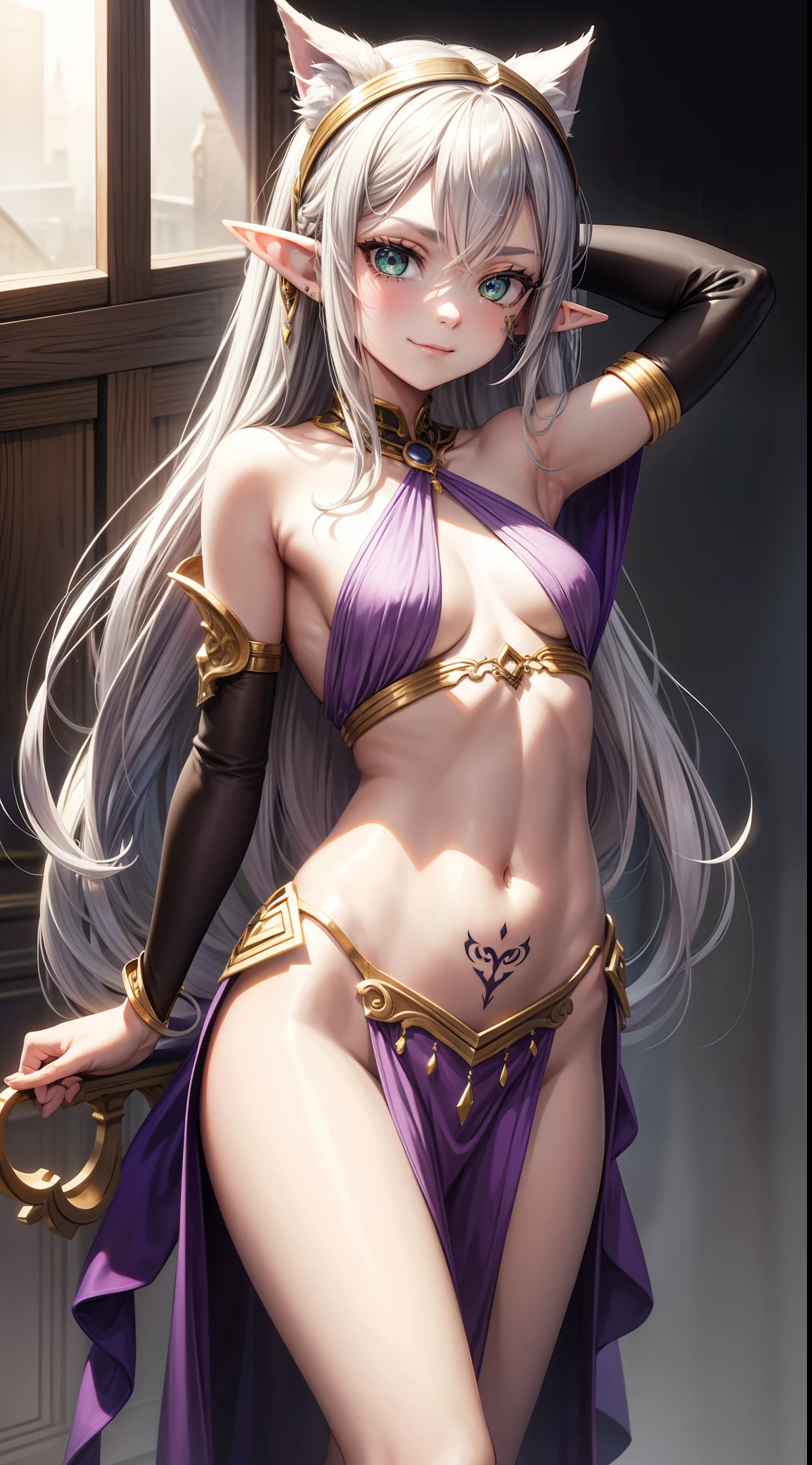young girl, long gray hair, elf ears, Green eyes, smirk, tattoo, purple dress, Gold Elements, Sexy, Sleeveless, open breasts, flat chest, open belly, feet shoulder-width apart, hands behind head, Masterpiece, hiquality, 4k, HD, Good detail