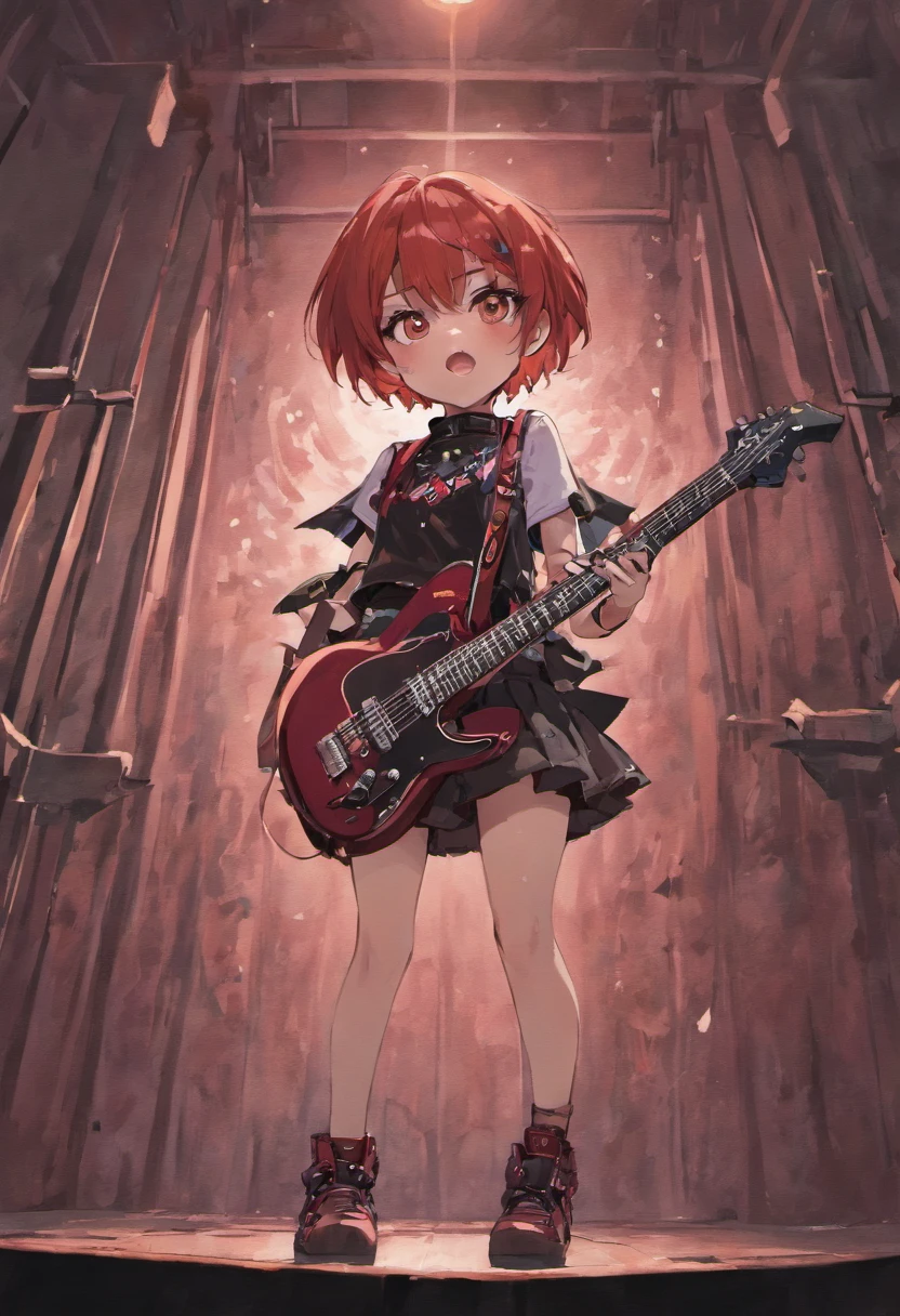 1girll, Short red hair, eye patch over left eye, Brown eyes, Black spiked collar around the neck, sleeveless black shirt，There is a pink skull pattern design on the chest, holding guitars, The microphone stand is located in the foreground, Short denim shorts, black_Pink pinstripe socks, Right knee pads, White sneakers, The little teddy bear charm hangs from the belt buckle, Punk rocker, rock music, Indoors, On stage, spotlight, absurderes, A high resolution, ultrasharp, 8K, Masterpiece, facingviewer, simile