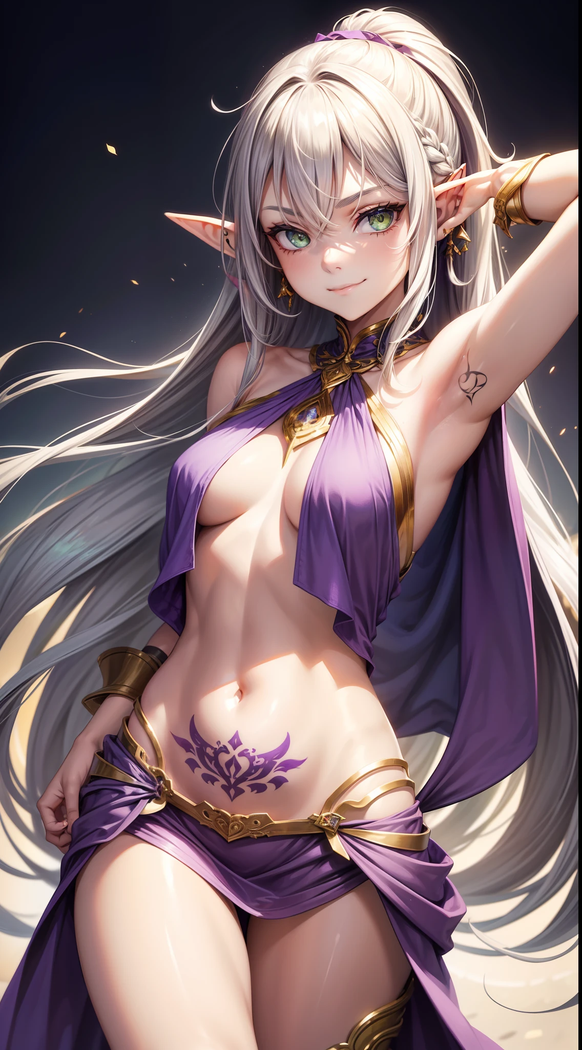 young girl, long gray hair, elf ears, Green eyes, smirk, tattoo, purple dress, Gold Elements, Sexy, Sleeveless, open breasts, flat chest, open belly, feet shoulder-width apart, hands behind head, Masterpiece, hiquality, 4k, HD, Good detail
