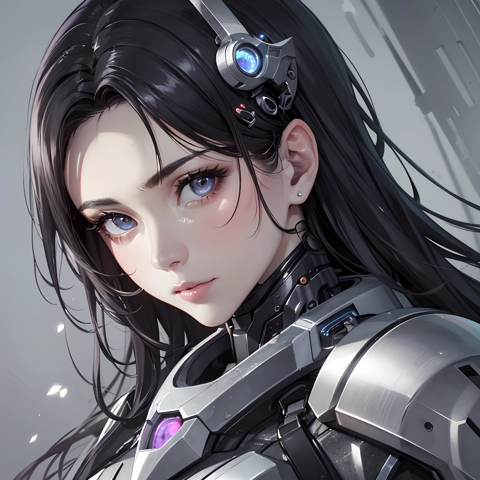 ​masterpiece、top-quality、High-quality images、hight resolution、8K、the detail、Monochrome grayscale、Photorealsitic、1womanl、skin gloss、Lustrous hair、Detailed depiction of the eyes、Texture of skin and clothes、cyborgs、thunder、gear wheel、minor change