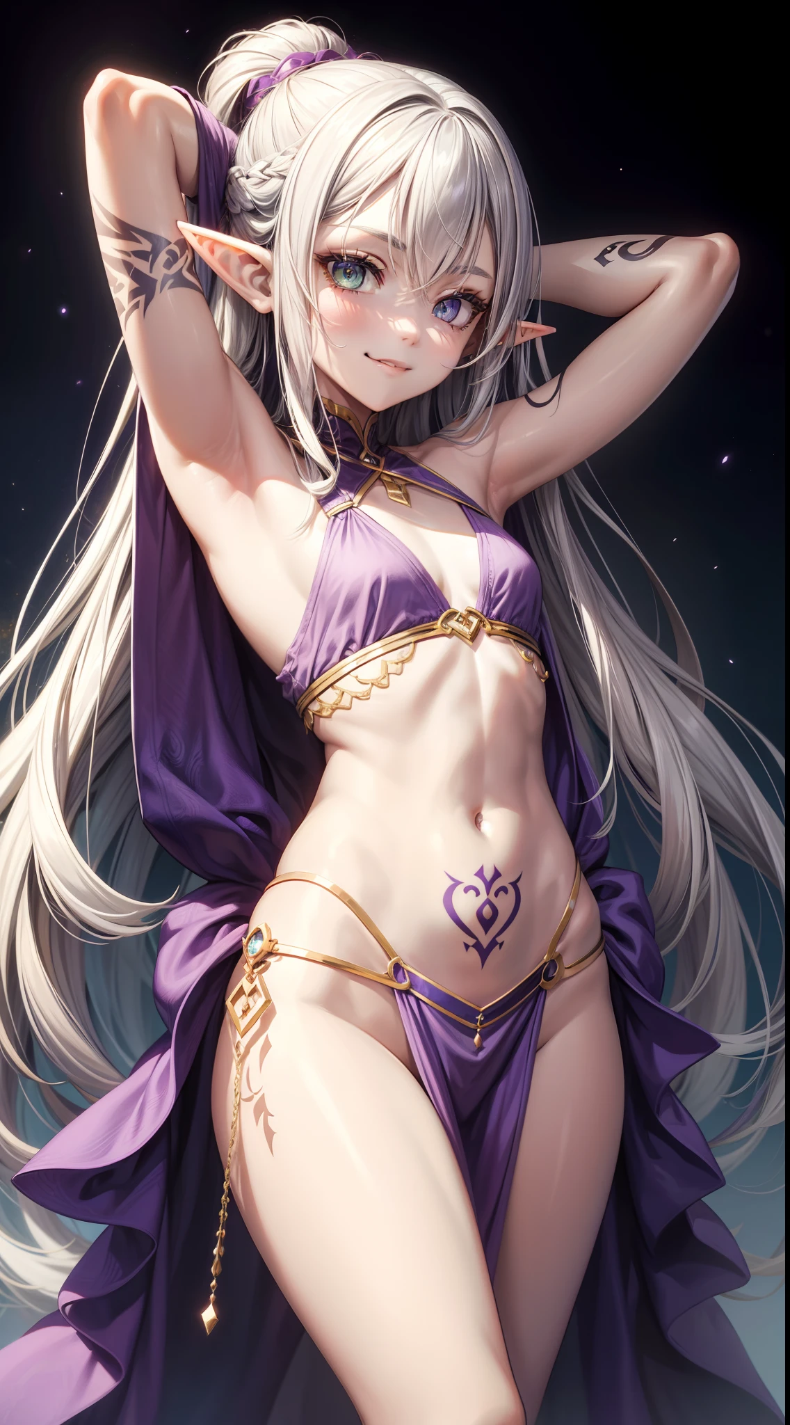 young girl, long gray hair, elf ears, Green eyes, smirk, tattoo, purple dress, Gold Elements, Sexy, Sleeveless, open breasts, flat chest, open belly, feet shoulder-width apart, hands behind head, Masterpiece, hiquality, 4k, HD, Good detail