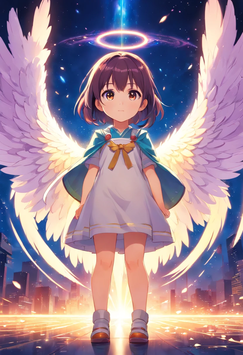 Fallen Angels of the Universe, Bright light eyes, biomechanical, creepy, creepy, nightmarish, Very bright colors, light Particle, With a shining light, , Wallpaper Art, Wallpapers UHD, medieval clothing、-yeld beiful girl、Angel wings、a baby face