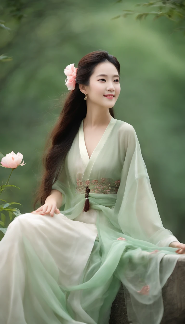 HD photo of girl holding peony. She is well developed, with a pure white background, long and flowing hair, Light green and light jade, Wearing a translucent silk dress. Her posture is elegant, Like a traditional Chinese painting. Tang dynasty, The appearance is clean and tidy, She has an elegant expression and a sweet smile, With 32K ultra-clear resolution --AR 9:16