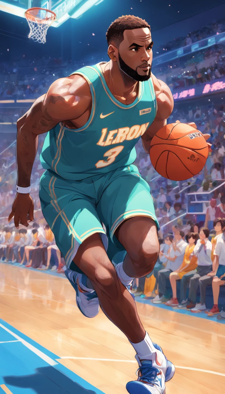 LeBron James playing basketball as an anime character , Standard scenario , Traditional clothing , best qualtiy , masterpiece