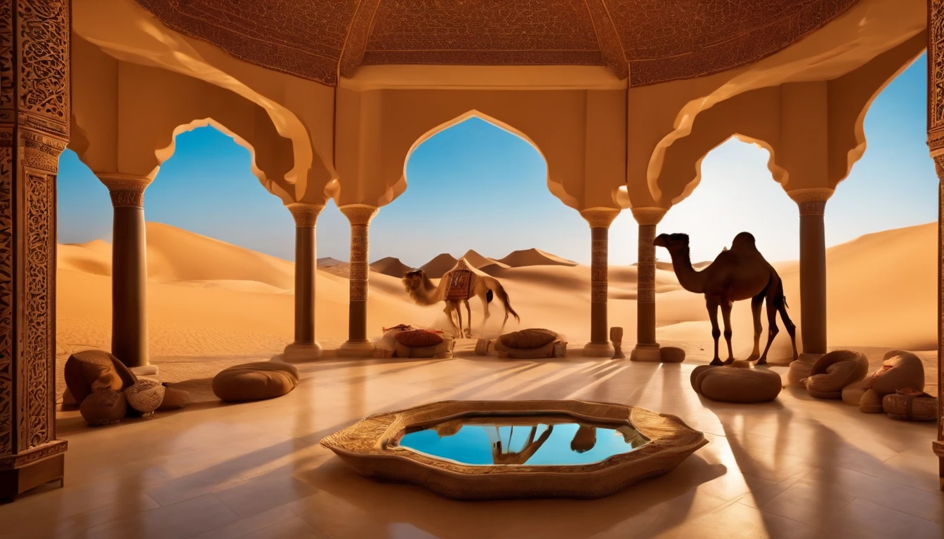 realistic, desert video mapping, interior, with lights, traditional arabic, camel with a man, rectangular indoor space, all four walls are projections, chill out, desert storm, UAE, the top is a mirror, the space is cut into an arabic desert, Arabic patterns, oasis