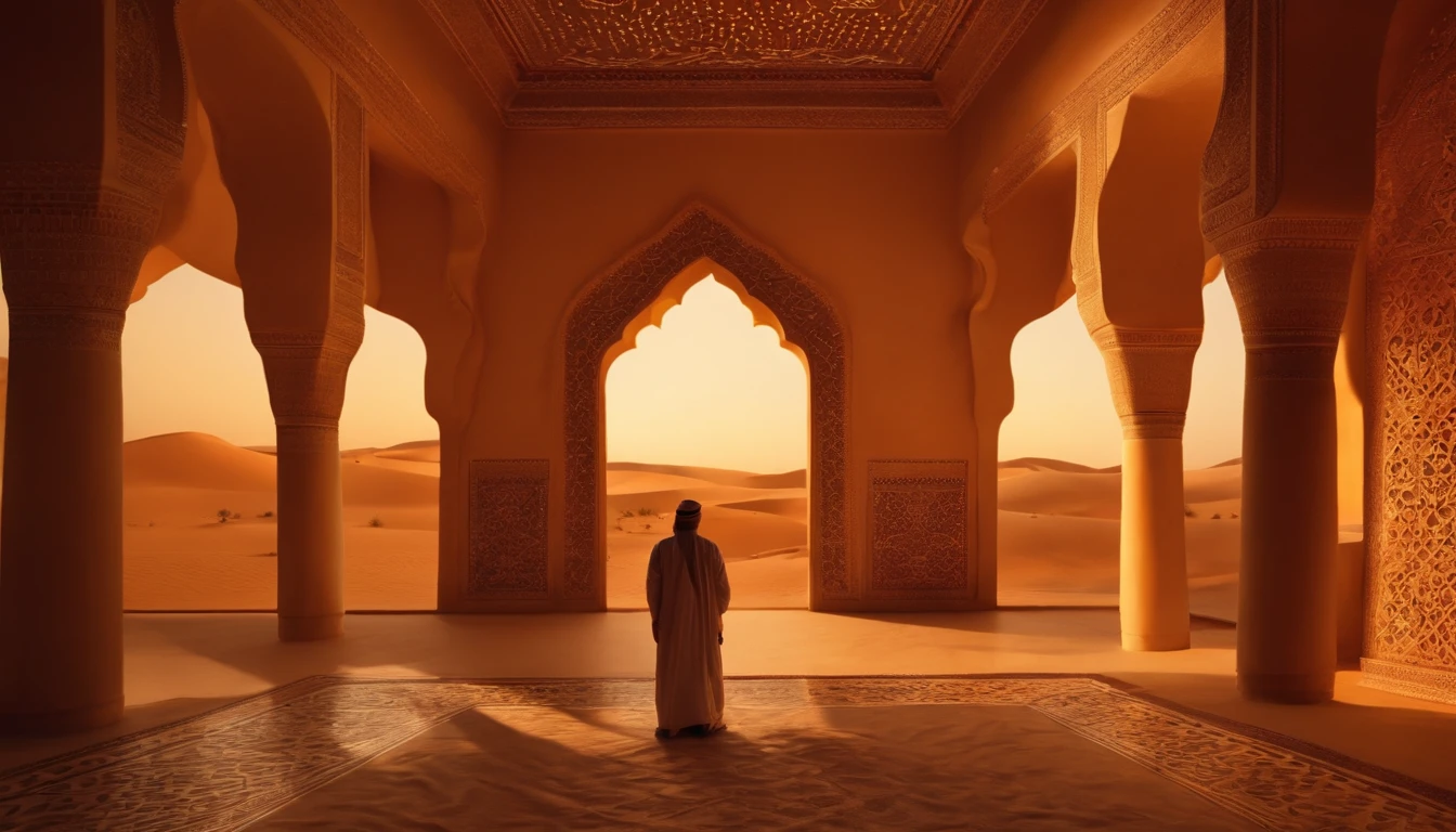 realistic, desert video mapping, interior, with lights, traditional arabic, camel with a man, rectangular indoor space, all four walls are projections, chill out, desert storm, UAE, the top is a mirror, the space is cut into an arabic desert, Arabic patterns, oasis