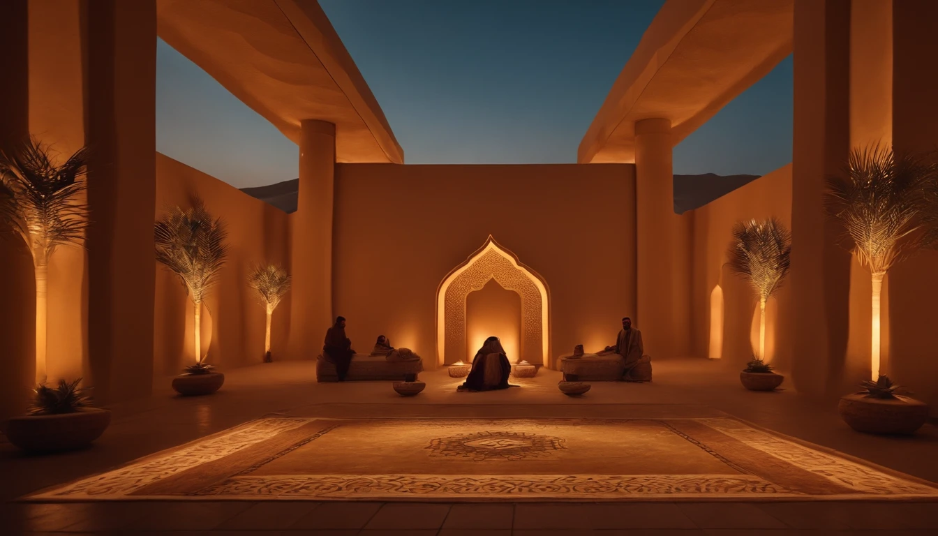realistic, desert video mapping, interior, with lights, traditional arabic, camel with a man, rectangular indoor space, all four walls are projections, chill out, desert storm, UAE, the top is a mirror, the space is cut into an arabic desert, Arabic patterns, oasis