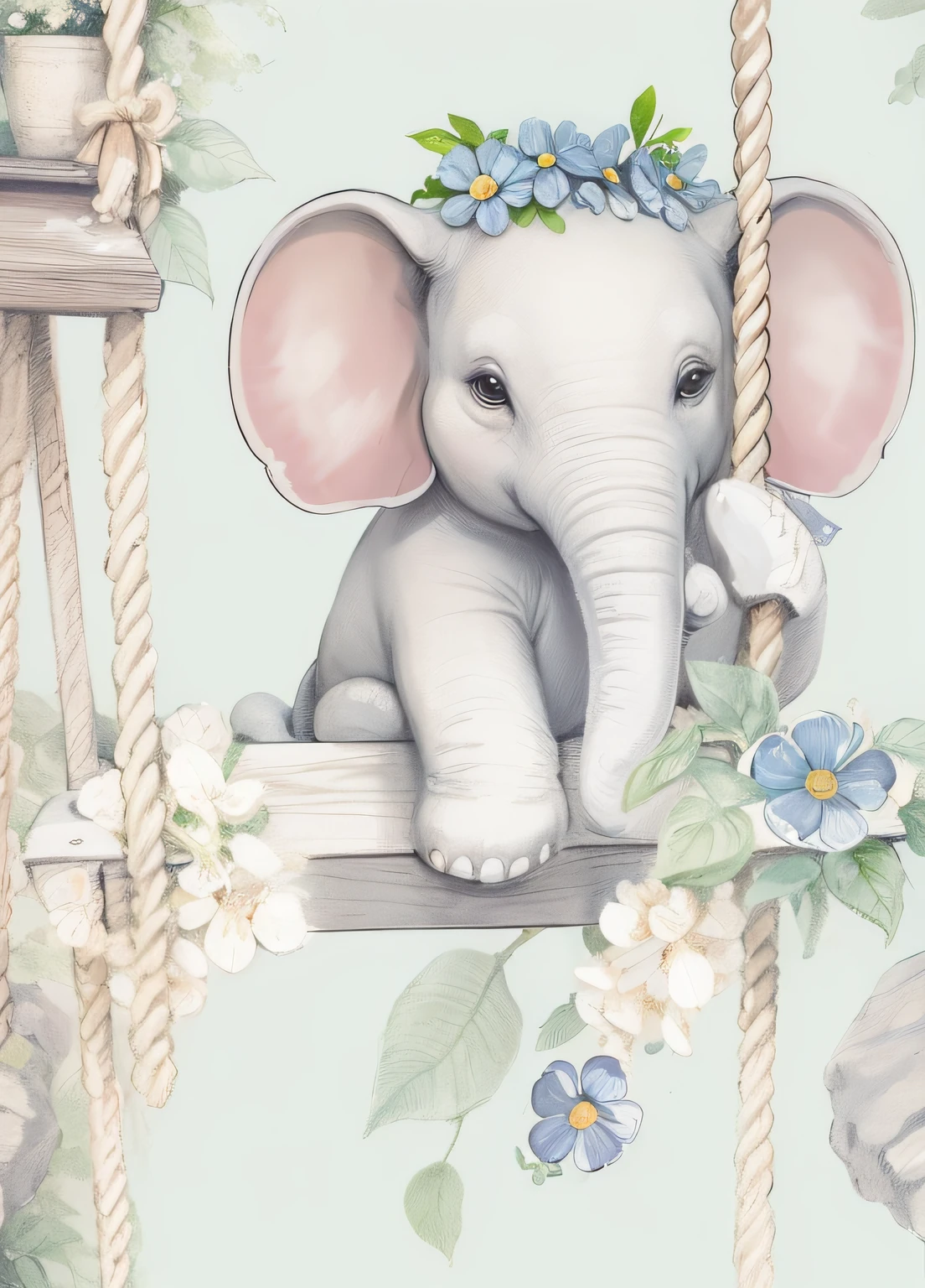 melhorar qualidade, pintura estilo sketch art, elefantinha jovem fofinha, sorrindo, Light wooden swing with small flowers