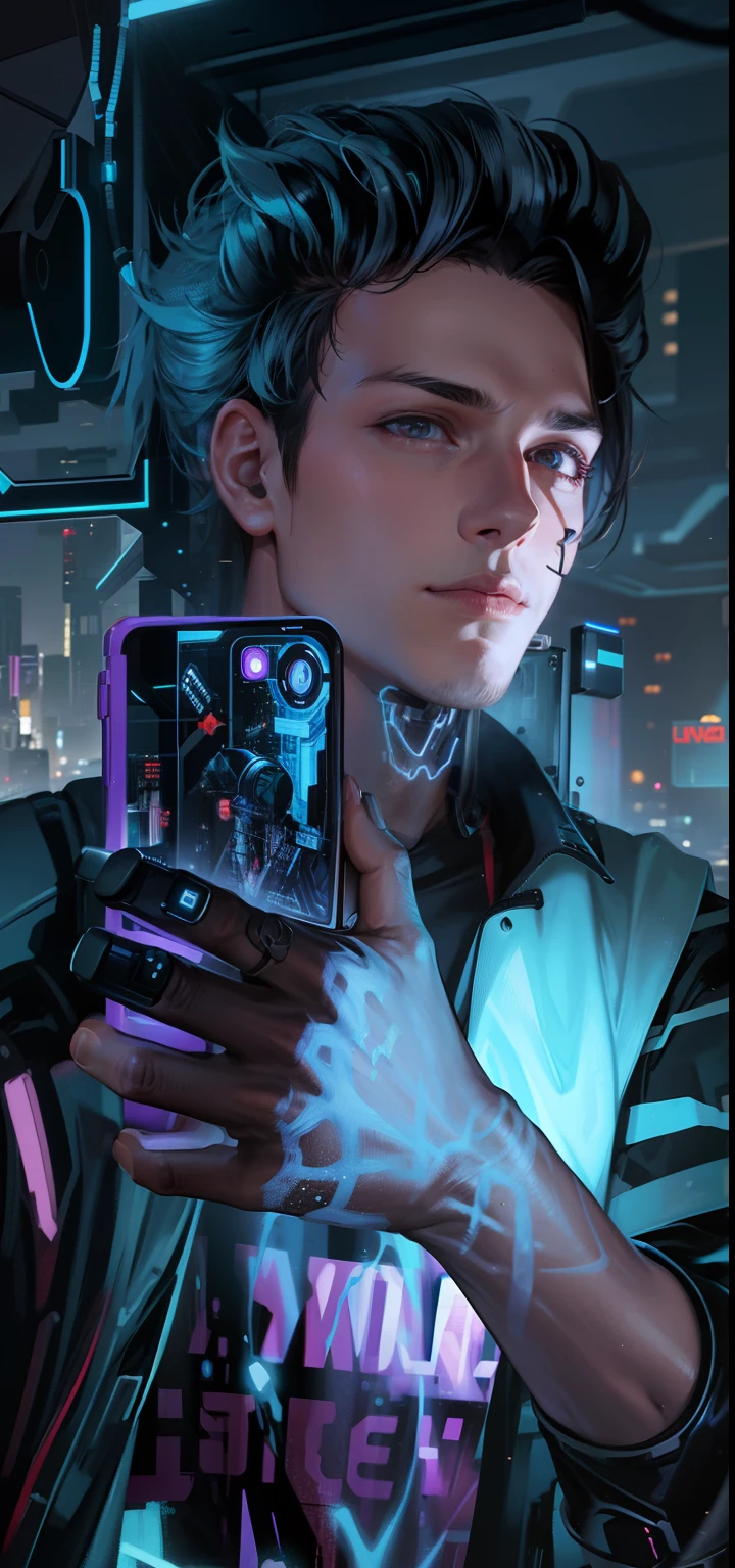 Cyberpunk,handsome boy,realistic,8k quality, boy, realistic phone, gaming background with gun