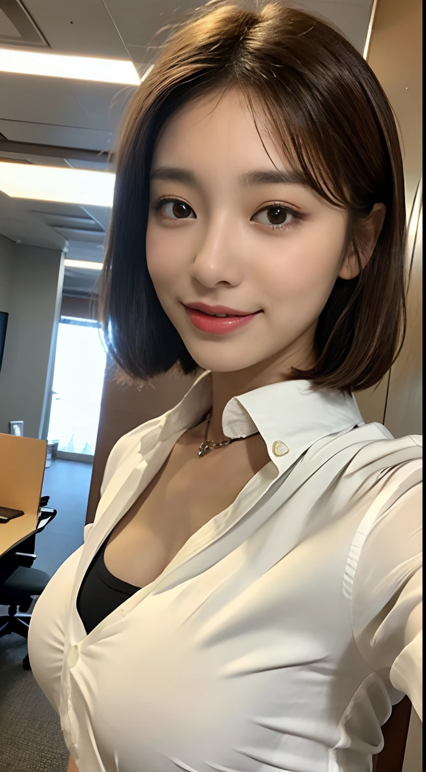 ((top-quality、8K、masterpies:1.3、Being in the company、OL、Office Casual Setup、White shirt with collar、very large breast bulge))、1girl in、Slim Beauty:1.3、Super Detail Face、Delicat eyes、二重まぶた、facial expression of smile、full body Esbian、Brown hair、Suntan-Skin、20yr old、bobhair、short-cut、erotick、Sensual look、stare