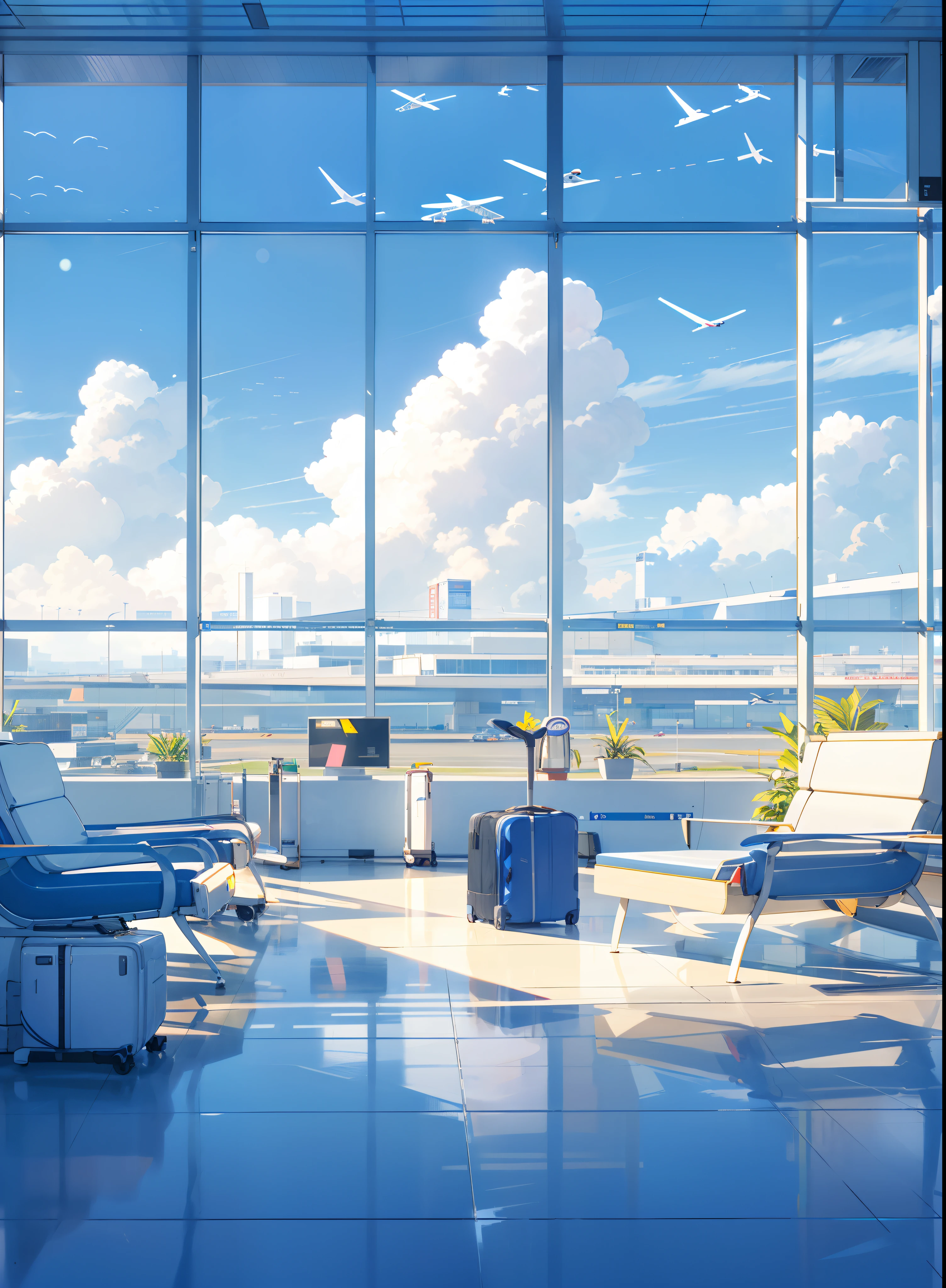 Large panoramic window, from which the planes are visible, morning, Airport Terminal