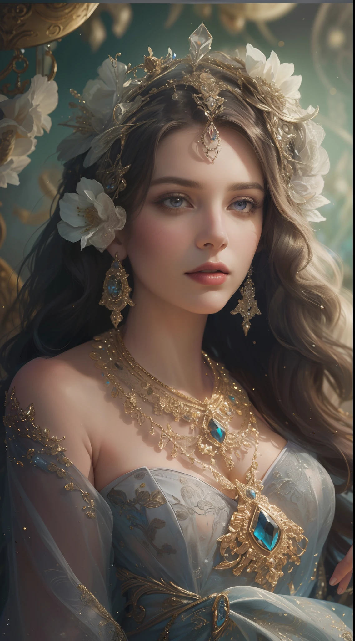 (Best quality,8K,A high resolution,Masterpiece:1.2),Ultra-detailed,(Realistic,Photorealistic,photo-realistic:1.37),Portrait,Creative style artwork,Historical,classical,Sophisticated,plethora of colors,Highly detailed,Soft lighting,luxurious environment,detailed gown,Vibrant flowers,detailed jewellery,Ethereal atmosphere,Elegant Pose,Graceful curves,Gold body proportions，Flowing hair,Breathtaking textile patterns,Harsh purple eyes,Delicate floral decoration,A dazzling array of crystal accessories,Mysterious and dreamy atmosphere,Impeccable attention to detail.