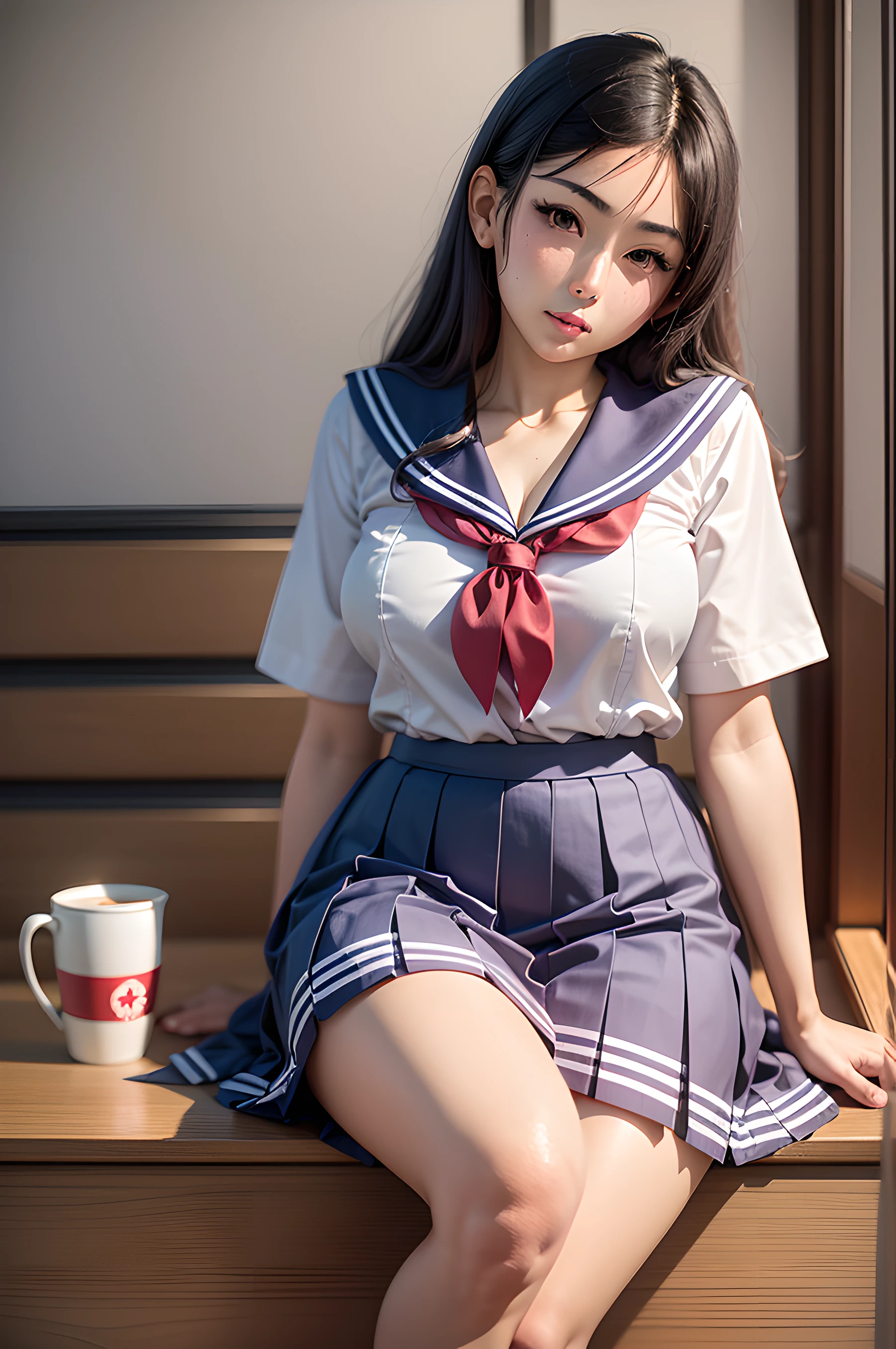 Arab-asian woman in sailor's uniform sitting at table, wearing japanese school uniform, japanese girl school uniform, Cute Schoolgirl, Japan school uniform, Young Pretty Gravure Idol, Young Gravure Idol, Young skinny gravure idol, Young Sensual Gravure Idol, a hyperrealistic schoolgirl, Sailor Uniform