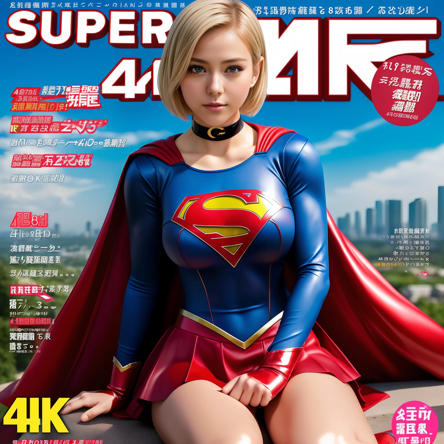 (Best Quality,4K,8K,hight resolution,masutepiece:1.2),Ultra-detailed,Realistic:1.37,Super masterpiece,Short-haired Supergirl、large full breasts、Looking at the camera、Glossy costume、a choker、Too short miniskirt、Magazine covers、tankobon、Seated Pose
