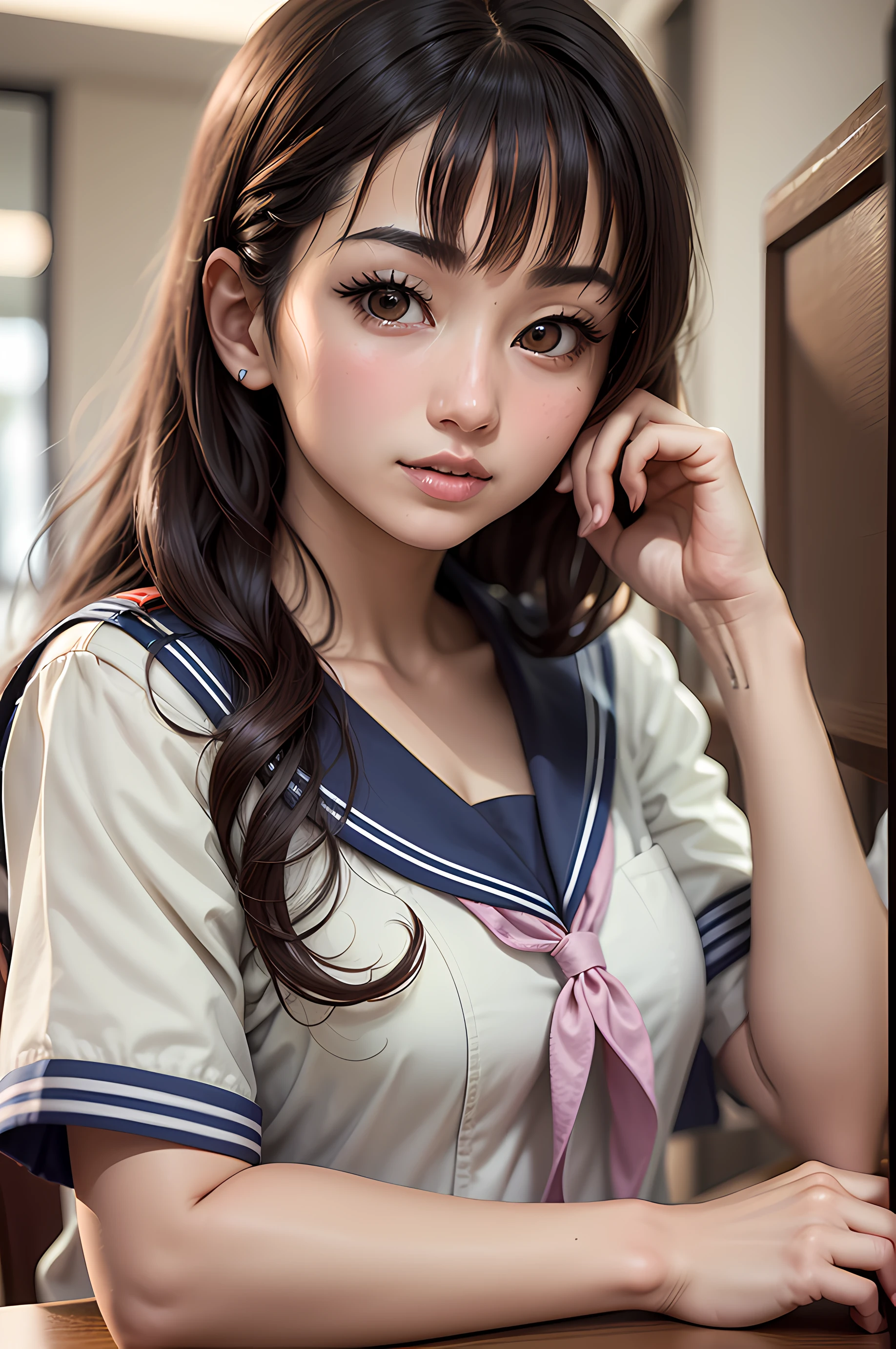 Arab-asian woman in sailor's uniform sitting at table, wearing japanese school uniform, japanese girl school uniform, Cute Schoolgirl, Japan school uniform, Young Pretty Gravure Idol, Young Gravure Idol, Young skinny gravure idol, Young Sensual Gravure Idol, a hyperrealistic schoolgirl, Sailor Uniform