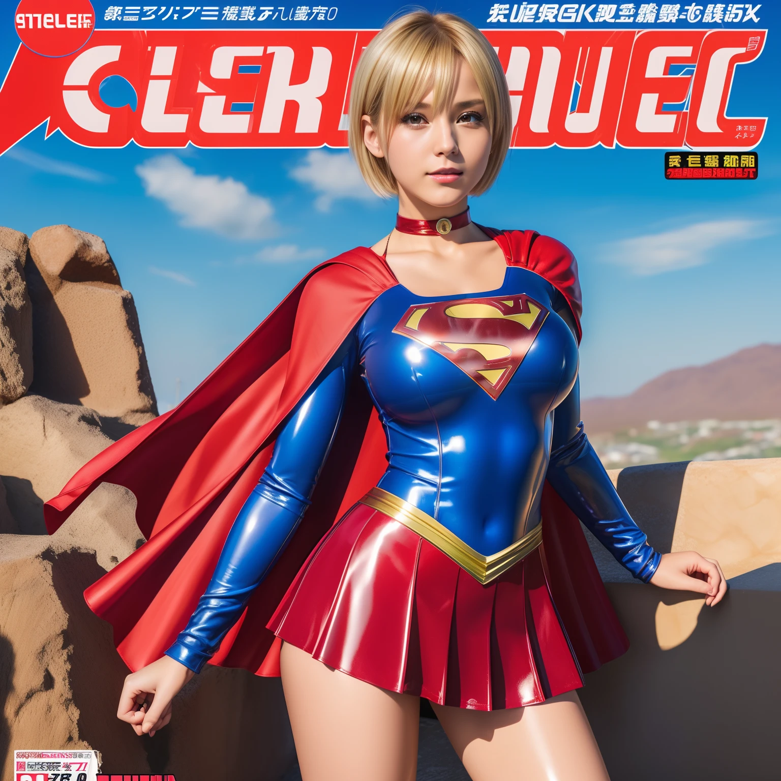 (Best Quality,4K,8K,hight resolution,masutepiece:1.2),Ultra-detailed,Realistic:1.37,Super masterpiece,Short-haired Supergirl、large full breasts、Looking at the camera、Glossy costume、a choker、Too short miniskirt、Shiny bright red enamel boots、Magazine covers、Shonen Magazine