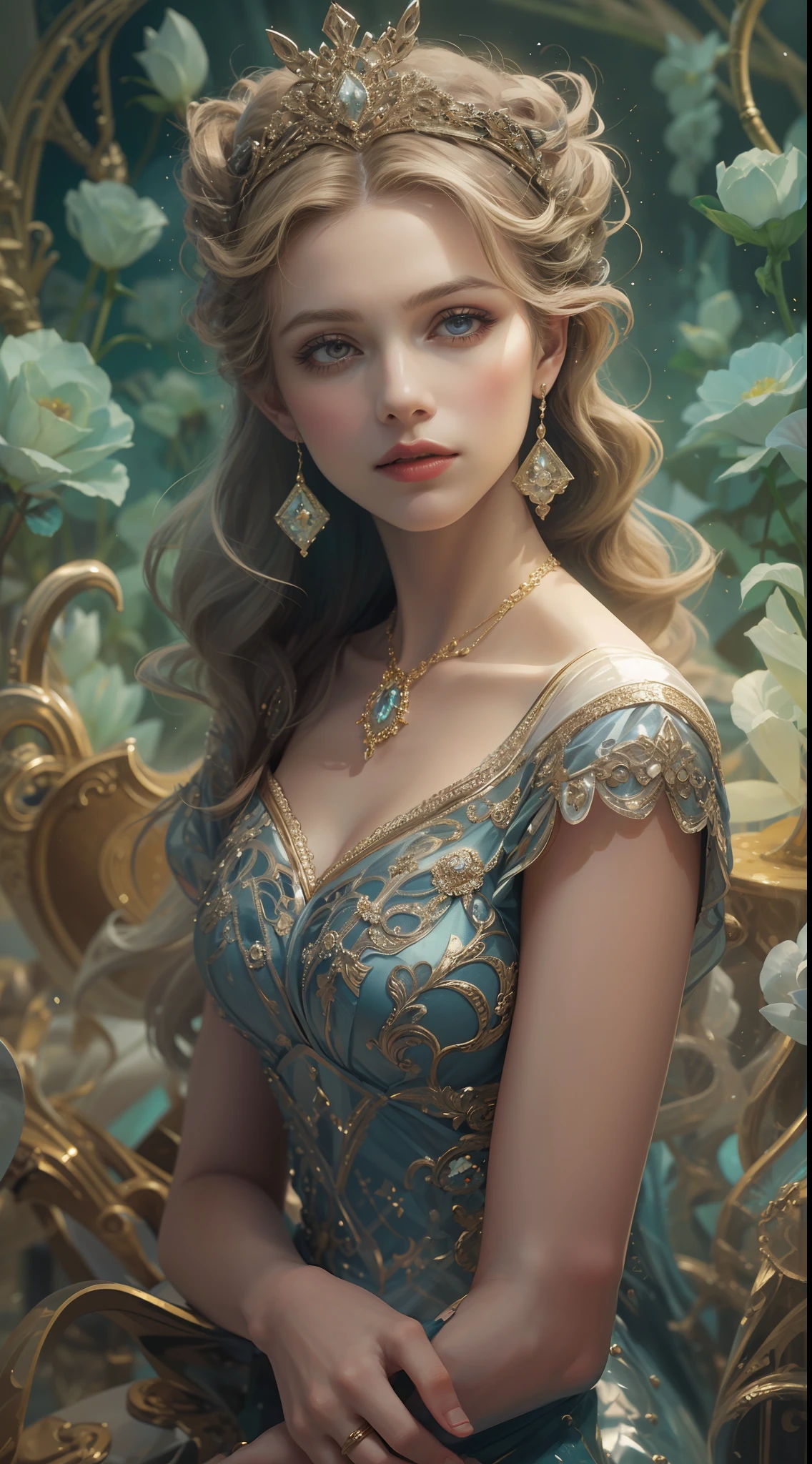 (Best quality,8K,A high resolution,Masterpiece:1.2),Ultra-detailed,(Realistic,Photorealistic,photo-realistic:1.37),Portrait,Creative style artwork,Historical,classical,Sophisticated,plethora of colors,Highly detailed,Soft lighting,luxurious environment,detailed gown,Vibrant flowers,detailed jewellery,Ethereal atmosphere,Elegant Pose,Graceful curves,Gold body proportions，Flowing hair,Breathtaking textile patterns,Harsh purple eyes,Delicate floral decoration,A dazzling array of crystal accessories,Mysterious and dreamy atmosphere,Impeccable attention to detail.