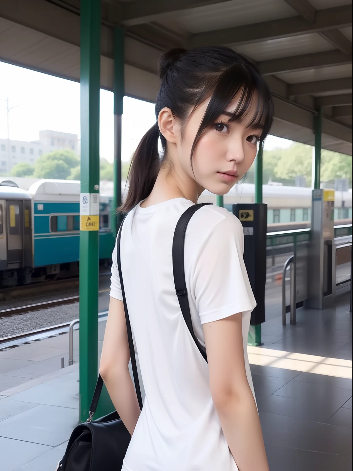 ​masterpiece、Deities々Right、Two beautiful girls、A detailed eye、超A high resolution(reality:1.4)very extremely beautiful, Beautiful skins, A slender,skinny  body、being thin、thin and long legs、 (A hyper-realistic), (hight resolution), (8K), (ighly detailed), (ultra-detailliert), 详细的脸,、Everyone is naked after school、NSFW、collage、summer vacation、fullnude、((((Standing on the platform of an unmanned station in the Japanese countryside、Waiting for the train、some people in the background))))、Into the cloud、outside of house、Summer memories、poneyTail、Angle from the ground