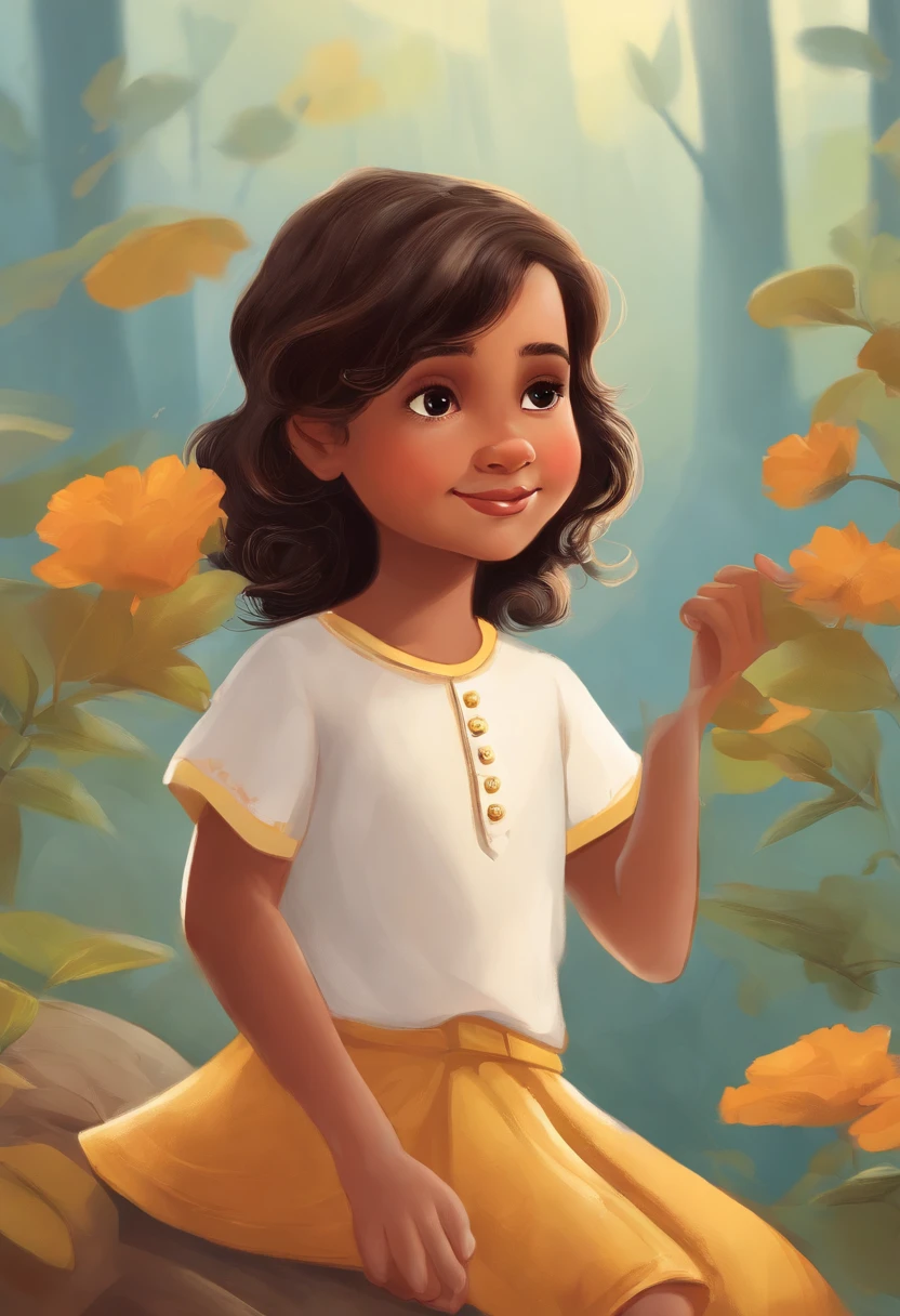 , multiples poses and expressions, corpo inteiro, fundo branco, illustration of children's book, simples, fofa, 6 anos de idade, cor brilhante, cabelo longo preto, pele de oliva, short branco, camisa de manga
