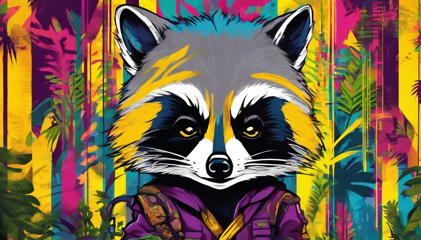 Sly raccoon Stripe , bright yellow eyes 1.4, Tropical Rainforest,  2D art games, Detailed character expressions, close up, in the style of soft brushstroke realism, Dark and neon colors,  ::1 neckline ::-0.5 --ar 2:3 - without splitting