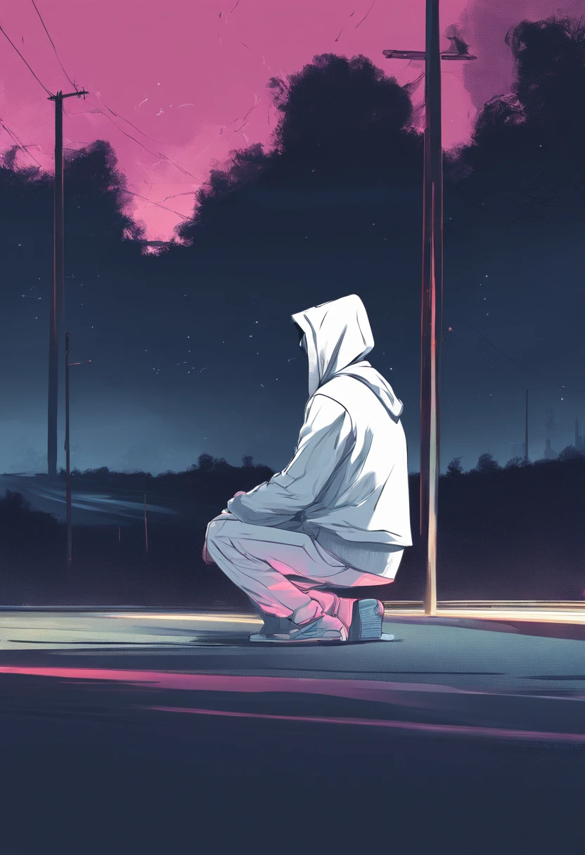 Depressed guy with white hoodie, who sits on the side of the road at night, Denken, Gesicht nicht sichtbar, Bild hat Blaustich