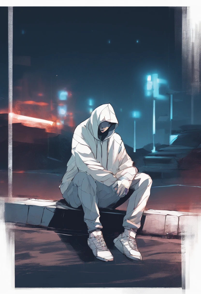 Depressed guy with white hoodie, who sits on the side of the road at night, Denken, Gesicht nicht sichtbar, Bild hat Blaustich