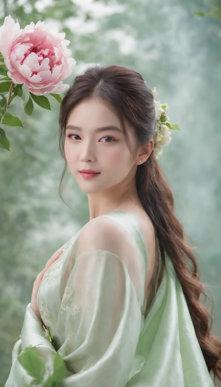 HD photo of girl holding peony. She is well developed, with a pure white background, long and flowing hair, Light green and light jade, Wearing a translucent silk dress. Her posture is elegant, Like a traditional Chinese painting. Tang dynasty, The appearance is clean and tidy, She has an elegant expression and a sweet smile, With 32K ultra-clear resolution --AR 9:16