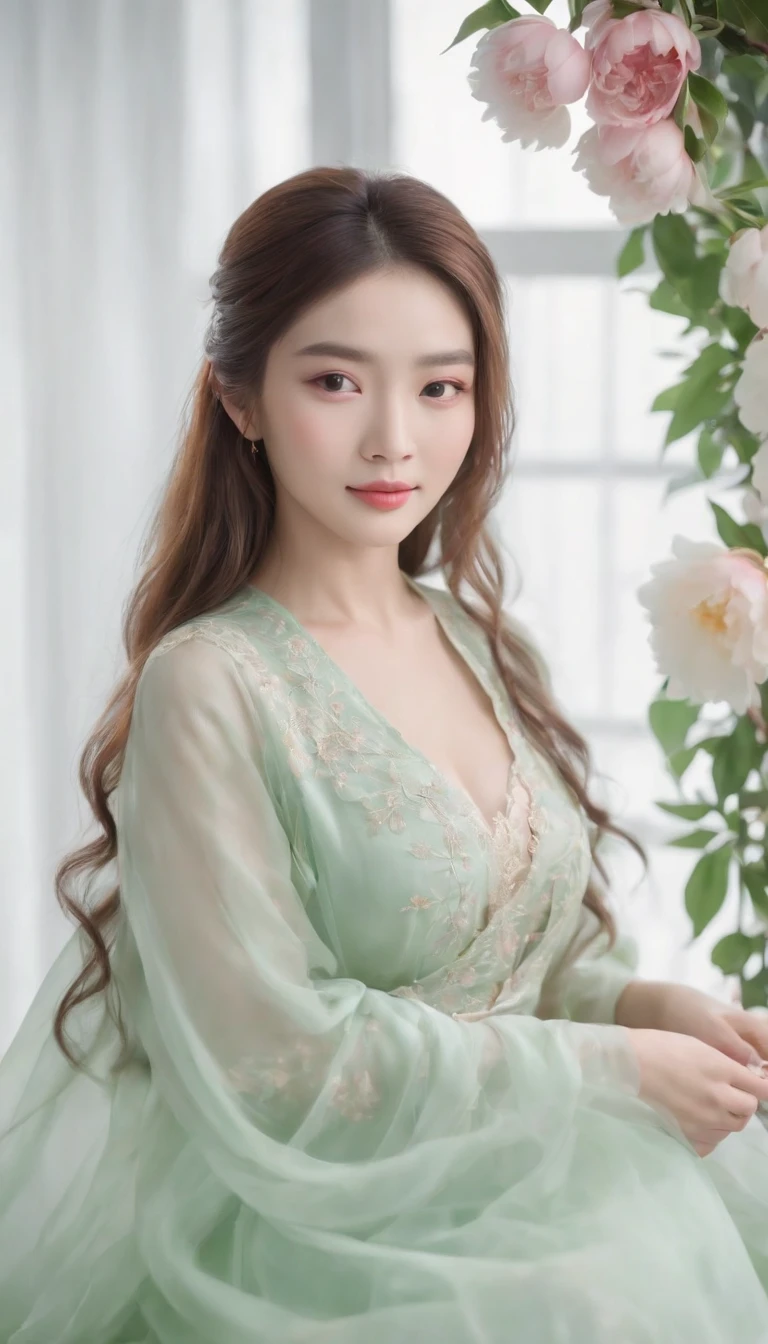 HD photo of girl holding peony. She is well developed, with a pure white background, long and flowing hair, Light green and light jade, Wearing a translucent silk dress. Her posture is elegant, Like a traditional Chinese painting. Tang dynasty, The appearance is clean and tidy, She has an elegant expression and a sweet smile, With 32K ultra-clear resolution --AR 9:16