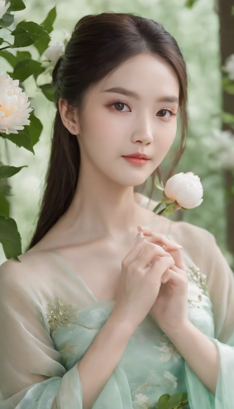 HD photo of girl holding peony. She is well developed, with a pure white background, long and flowing hair, Light green and light jade, Wearing a translucent silk dress. Her posture is elegant, Like a traditional Chinese painting. Tang dynasty, The appearance is clean and tidy, She has an elegant expression and a sweet smile, With 32K ultra-clear resolution --AR 9:16