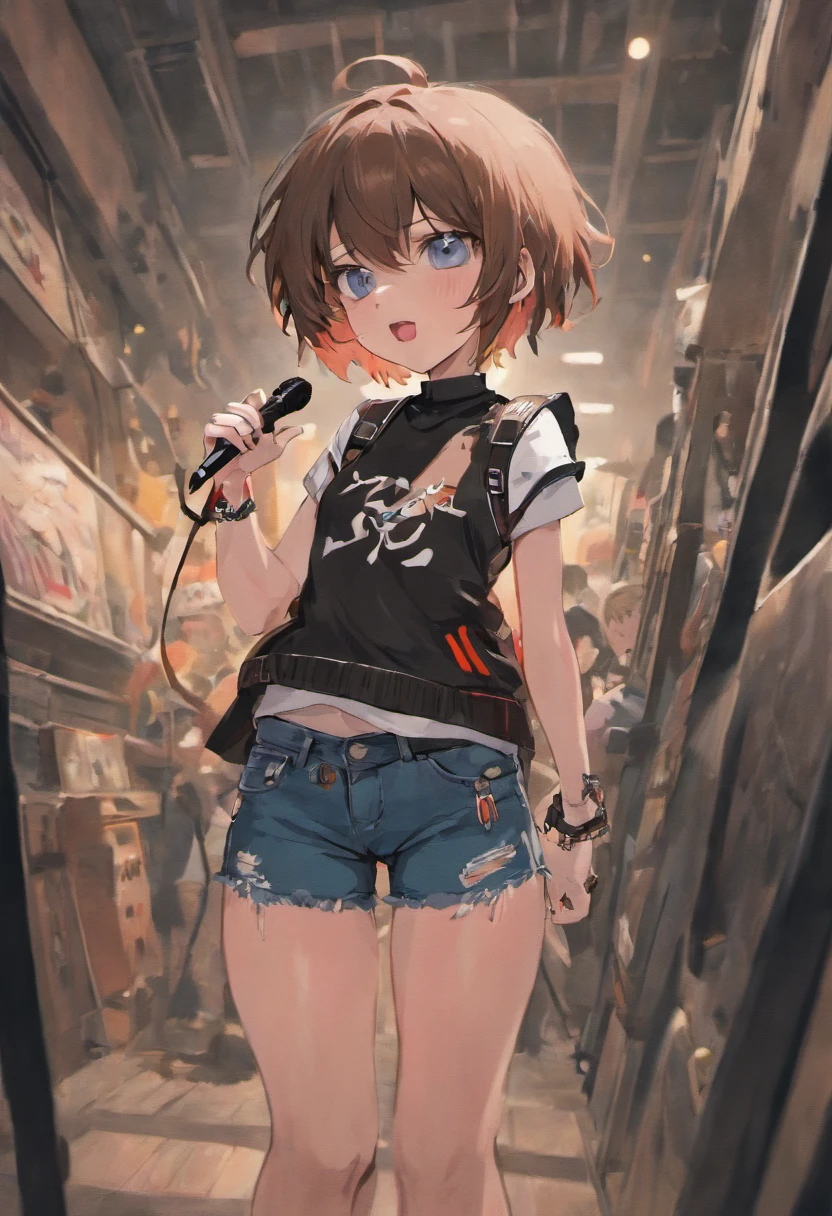 1girll,Short brown hair, blue color eyes, Black spiked collar around the neck, sleeveless black shirt，There is a pink skull pattern design on the chest, holding guitars, The microphone stand is located in the foreground, Short denim shorts, black_Pink pinstripe socks, Right knee pads, White sneakers, The little teddy bear charm hangs from the belt buckle, Punk rocker, rock music, On stage, spotlight, absurderes, A high resolution, ultrasharp, 8K, Masterpiece, facingviewer, simile