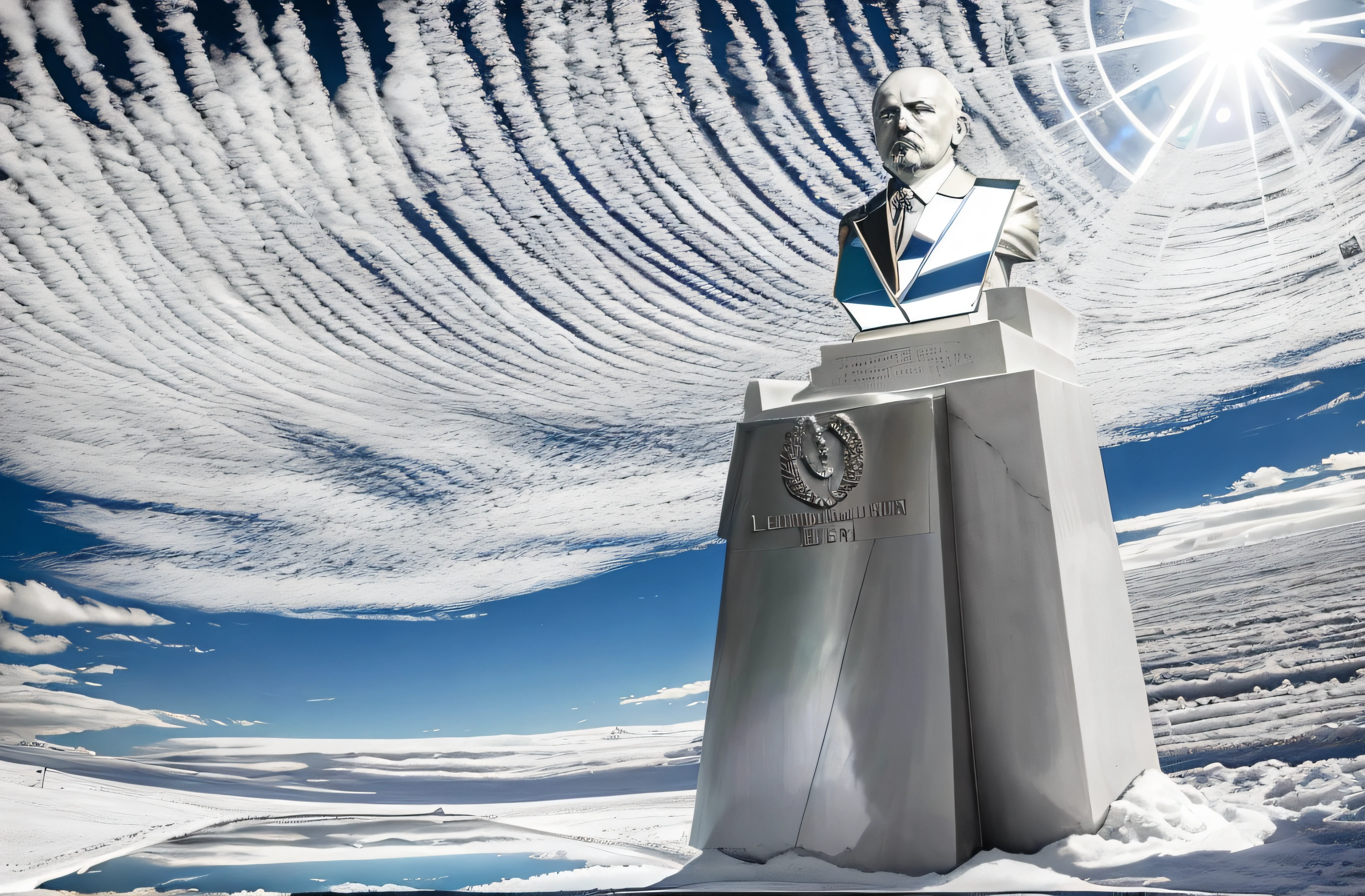 lenin's statue made of pure aluminium, highly polished (mirror finish:1.4), reflecting in the polar sunlight