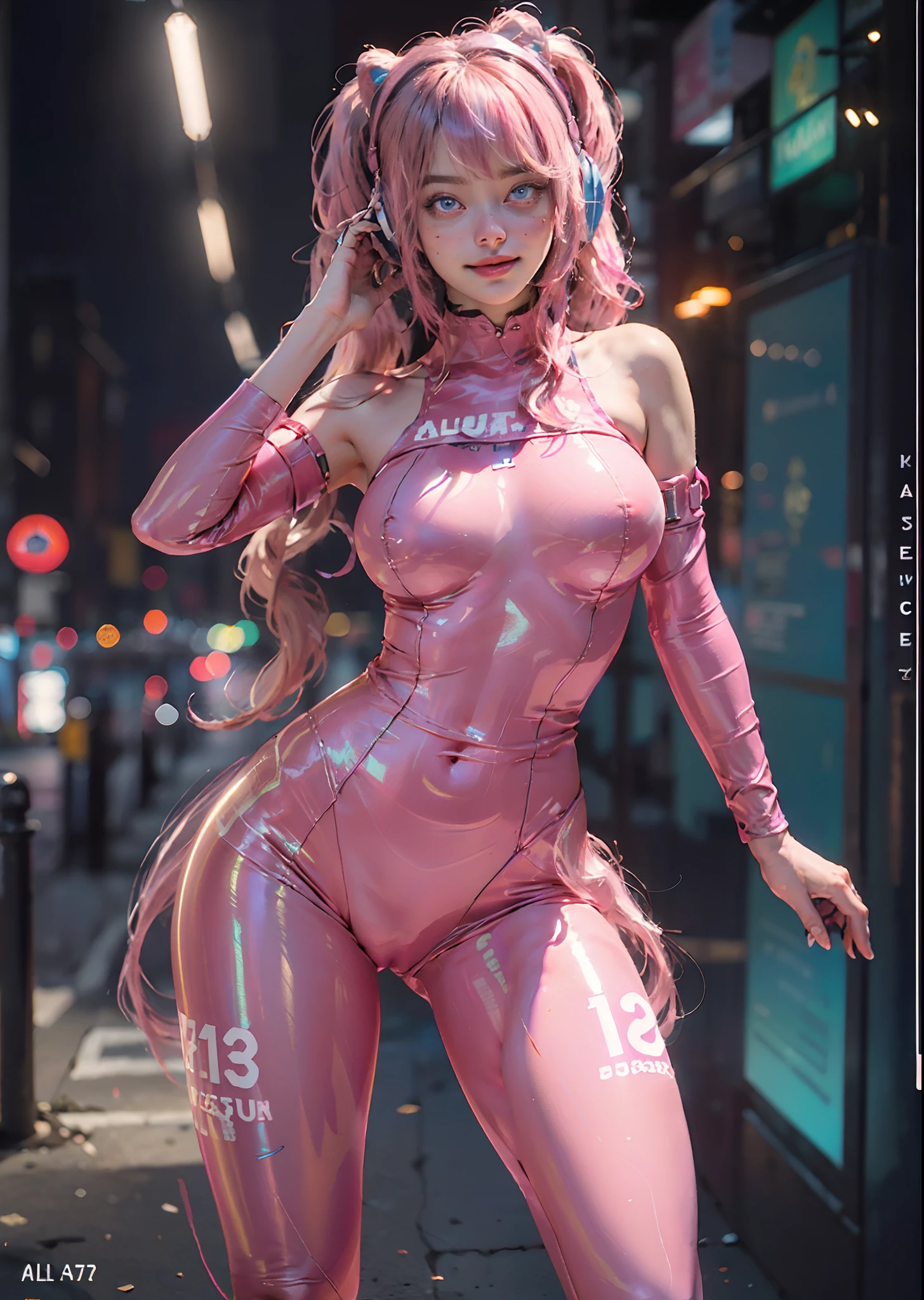Best Quality, Masterpiece, Ultra High Resolution, (Realisticity: 1.9), Original Photo, 1Girl, Bare Shoulder, full body portrait, futuristic neon lit city at night, Movie Lighting , bangs,sexy bodysuit, large breasts, large buttocks, gamer headphones, shoulder length hair , large breasts, parted lips, metallic pink bodysuit, blue eyes, pink hair, solo, twintails,alice (masterpiece:1.4),(best quality:1.4),(shiny skin),realistic, ((luminous. Very alluring and seductive pose. )) slight smile.