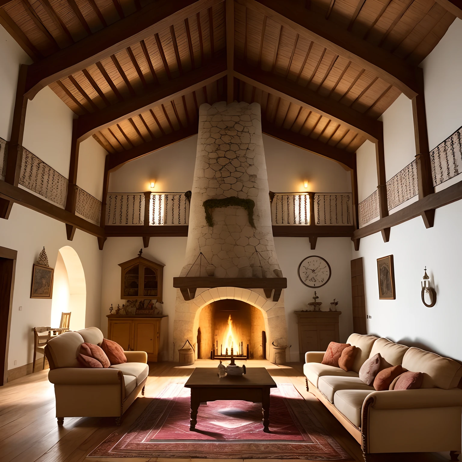 there is a living room with a fireplace and a couch, lareira aconchegante, interiores quentes, ambiente acolhedor e tranquilo, Atmoshpere aconchegante, aconchegante e calmo, sala de estar aconchegante, lareira tradicional, Cozy setting, Interior da vila francesa, atmosfera acolhedora, sala de estar quente, lugar aconchegante, muito aconchegante, rustic setting, Acolhedor, interior quente, interior medieval da casa de campo, cozy vibes