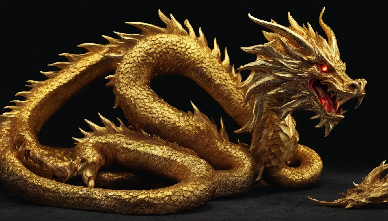 A big Gold chinese dragon on a black background , surraunded from a Red glowing aura