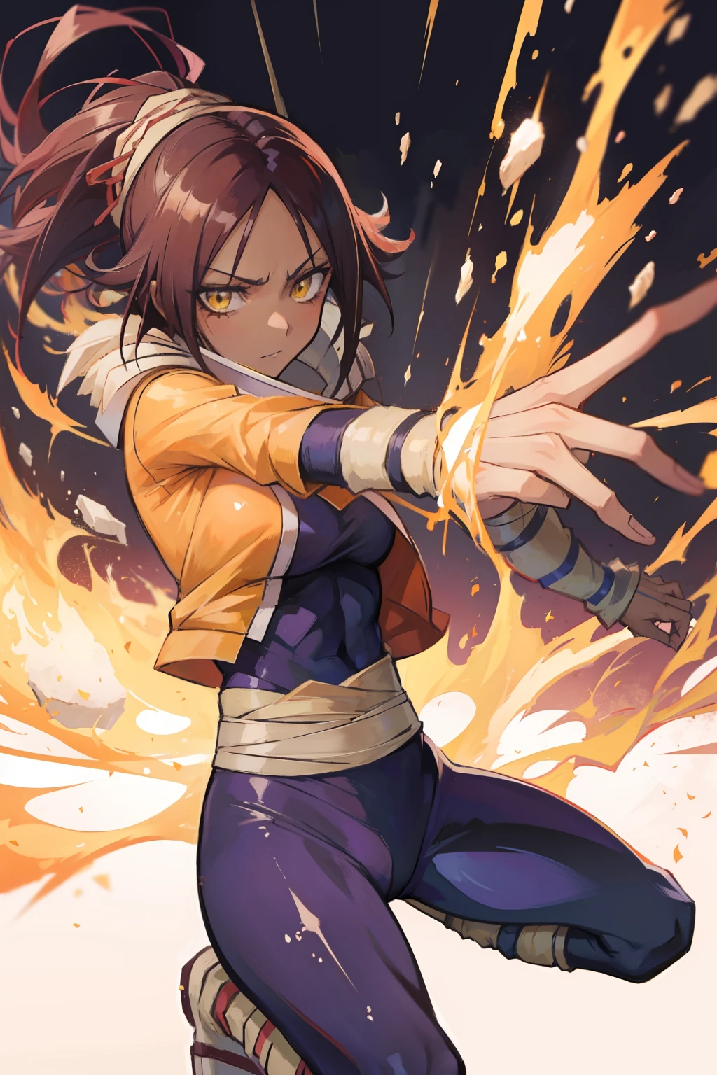 Anime girl, yoruichi from bleach, brown hair, tanned, darker skinned, mature, beautiful background, 8k, high resolution, good anatomy