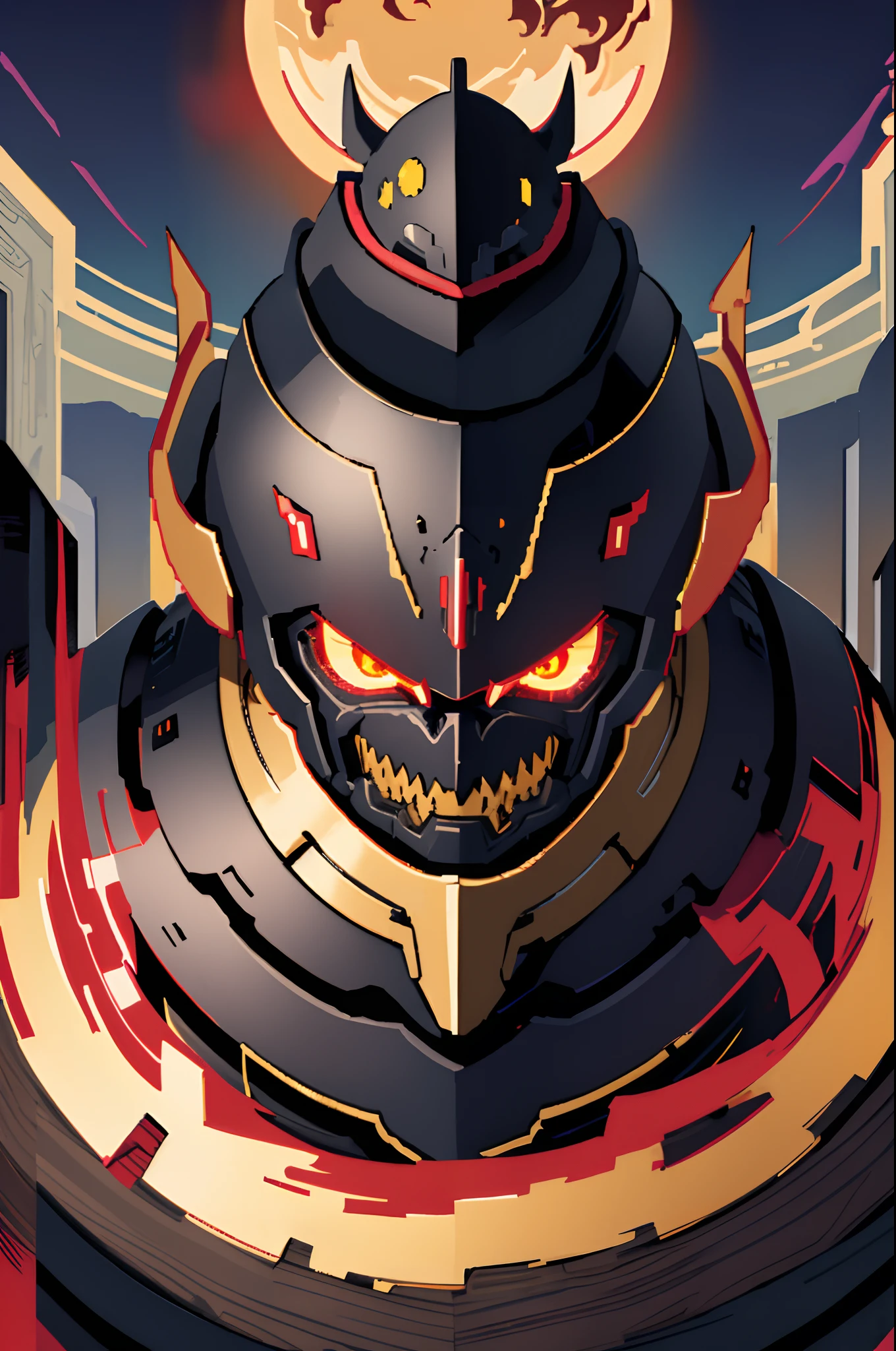 knight with dark armor with red and golden designs, menacing, bright golden eyes, dark sky, night time, evil grin, helmet, dark atmosphere, hd, highres