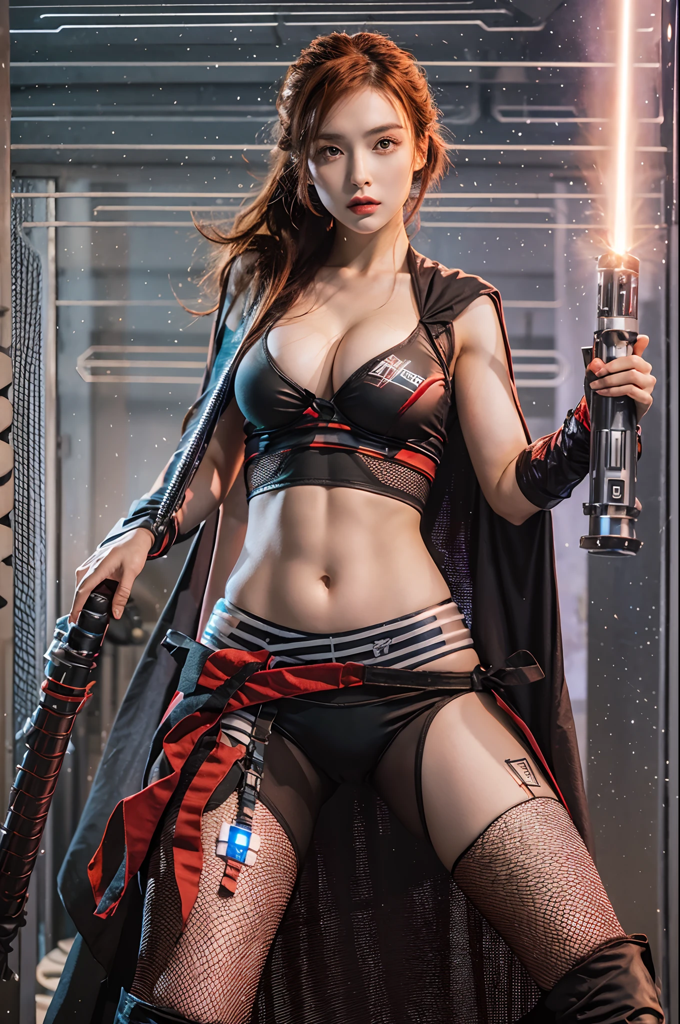araffe star wars sexy woman with lightsabed sword in a bikini, amouranth, mara jade skywalker, better known as amouranth, female jedi, mara jade, with lightsaber sword, amouranth as a super villain, holding lightsaber 4 k, with light-saber, star wars character, holding a lightsabre. splash art, rey, big breast, show breast