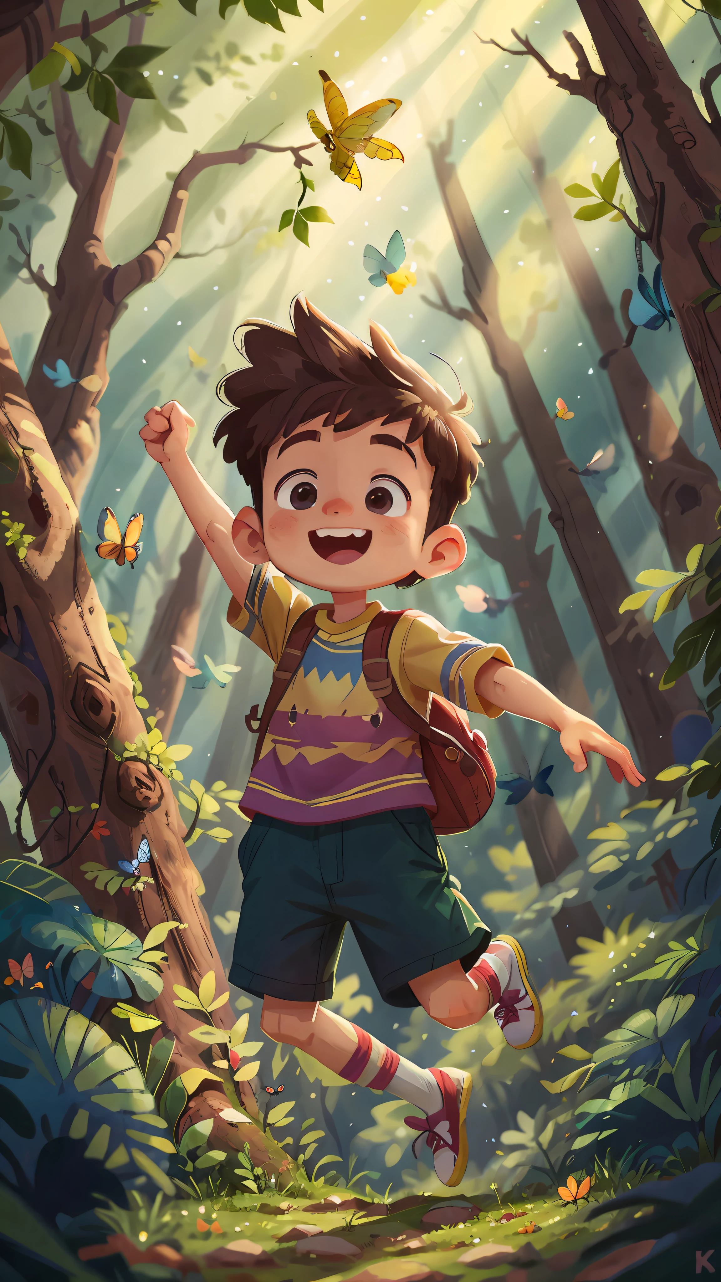 A boy, in the forest, happy, happy, jumping, butterflies and birds, perfect quality, clear focus, (masterpiece: 1.2), (realistic: 1.2), (bokeh), (best quality), (detailed skin: 1.3), (complex details), (8K), (detailed eyes), (sharp focus), (happy)