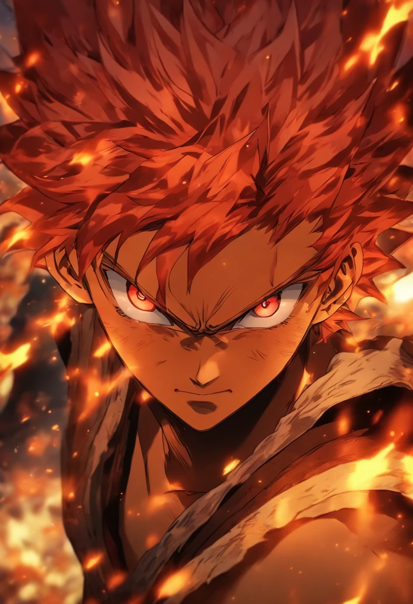 anime character with red hair and red eyes staring at the camera, an anime drawing by Shingei, tumblr, shin hanga, roguish smirk, portrait of hisoka hunter hunter, screenshot from black clover, handsome guy in demon slayer art, orange - haired anime boy, ichigo kurosaki, kentaro miura art style, 8k!
