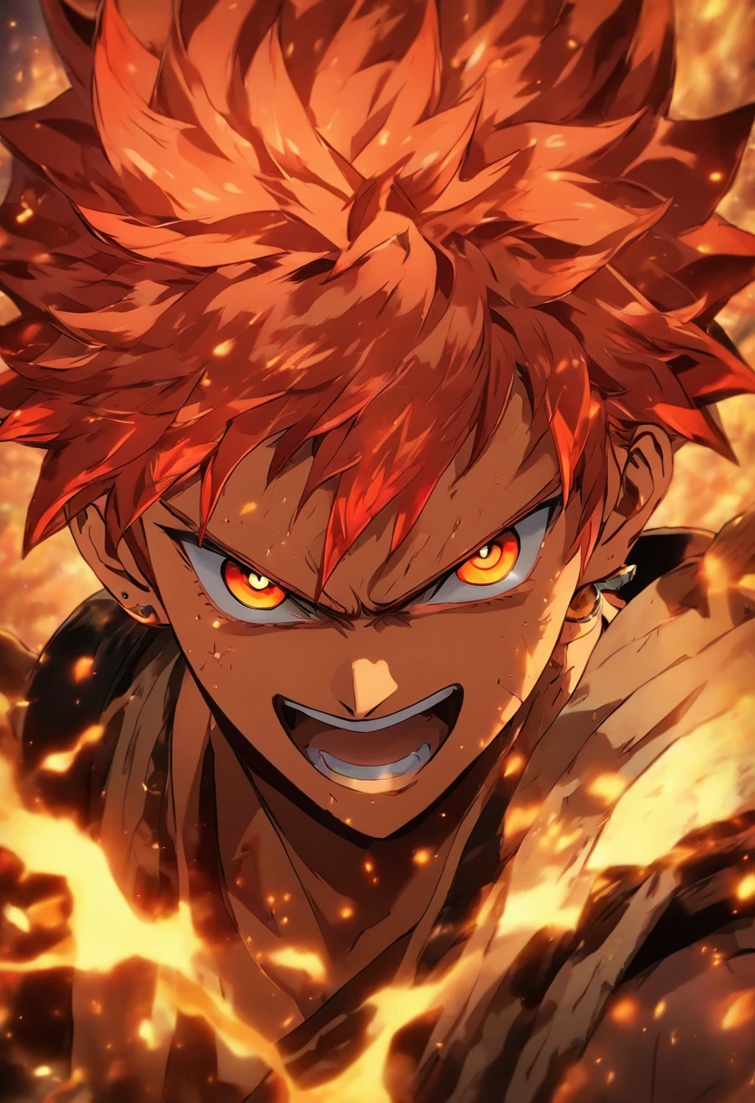 anime character with red hair and red eyes staring at the camera, an anime drawing by Shingei, tumblr, shin hanga, roguish smirk, portrait of hisoka hunter hunter, screenshot from black clover, handsome guy in demon slayer art, orange - haired anime boy, ichigo kurosaki, kentaro miura art style, 8k!