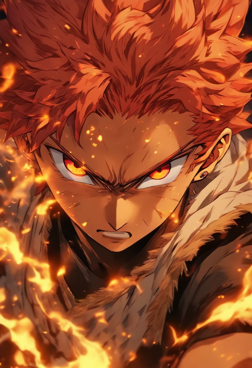anime character with red hair and red eyes staring at the camera, an anime drawing by Shingei, tumblr, shin hanga, roguish smirk, portrait of hisoka hunter hunter, screenshot from black clover, handsome guy in demon slayer art, orange - haired anime boy, ichigo kurosaki, kentaro miura art style, 8k!