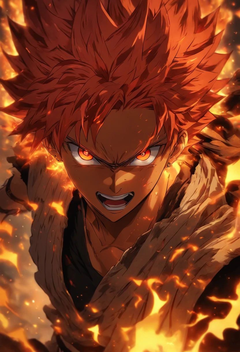 anime character with red hair and red eyes staring at the camera, an anime drawing by Shingei, tumblr, shin hanga, roguish smirk, portrait of hisoka hunter hunter, screenshot from black clover, handsome guy in demon slayer art, orange - haired anime boy, ichigo kurosaki, kentaro miura art style, 8k!