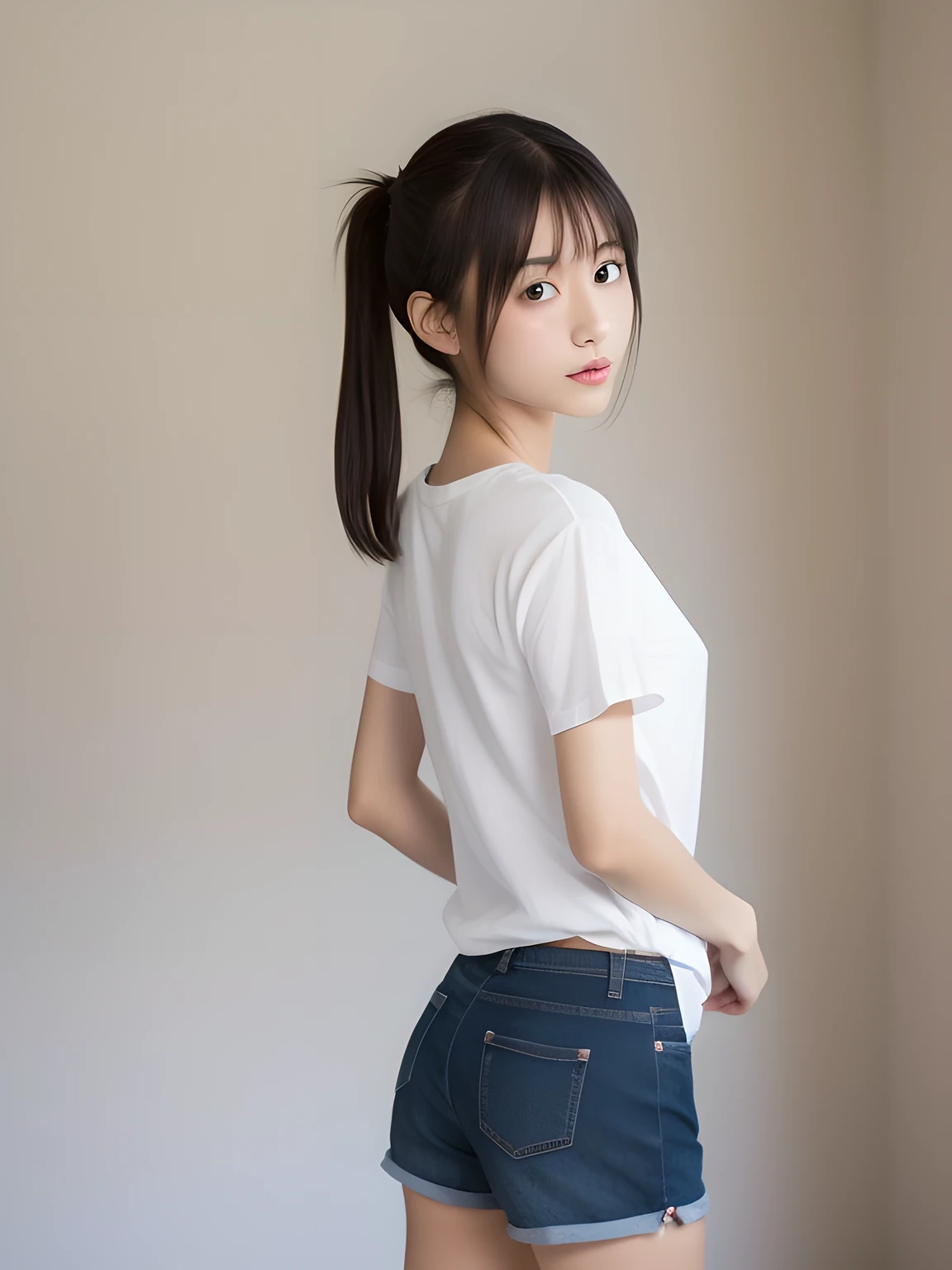 Looks Back，年轻，(shortpants)，white t-shirts，teens girl，Delicate body，ite body，Delicate body，small tits，tiny chest，Short，A dark-haired，Twin-tailed，poneyTail