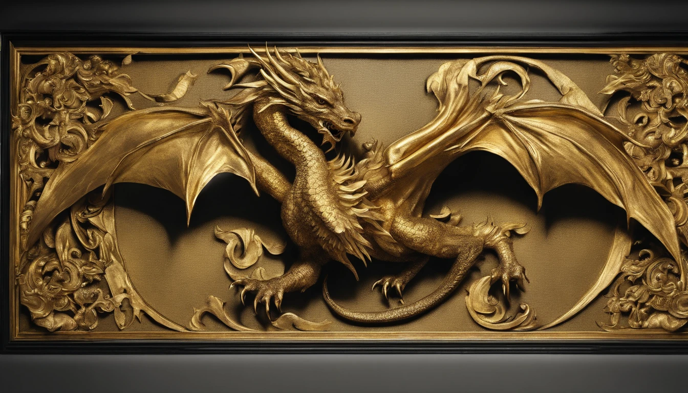 Golden dragon statue on a black wall with golden art deco details on wall