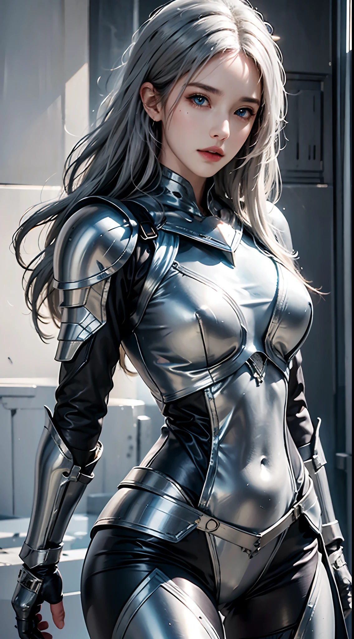 photorealistic, high resolution, soft lights, 1women, solo, hips up, blue eyes, full armor