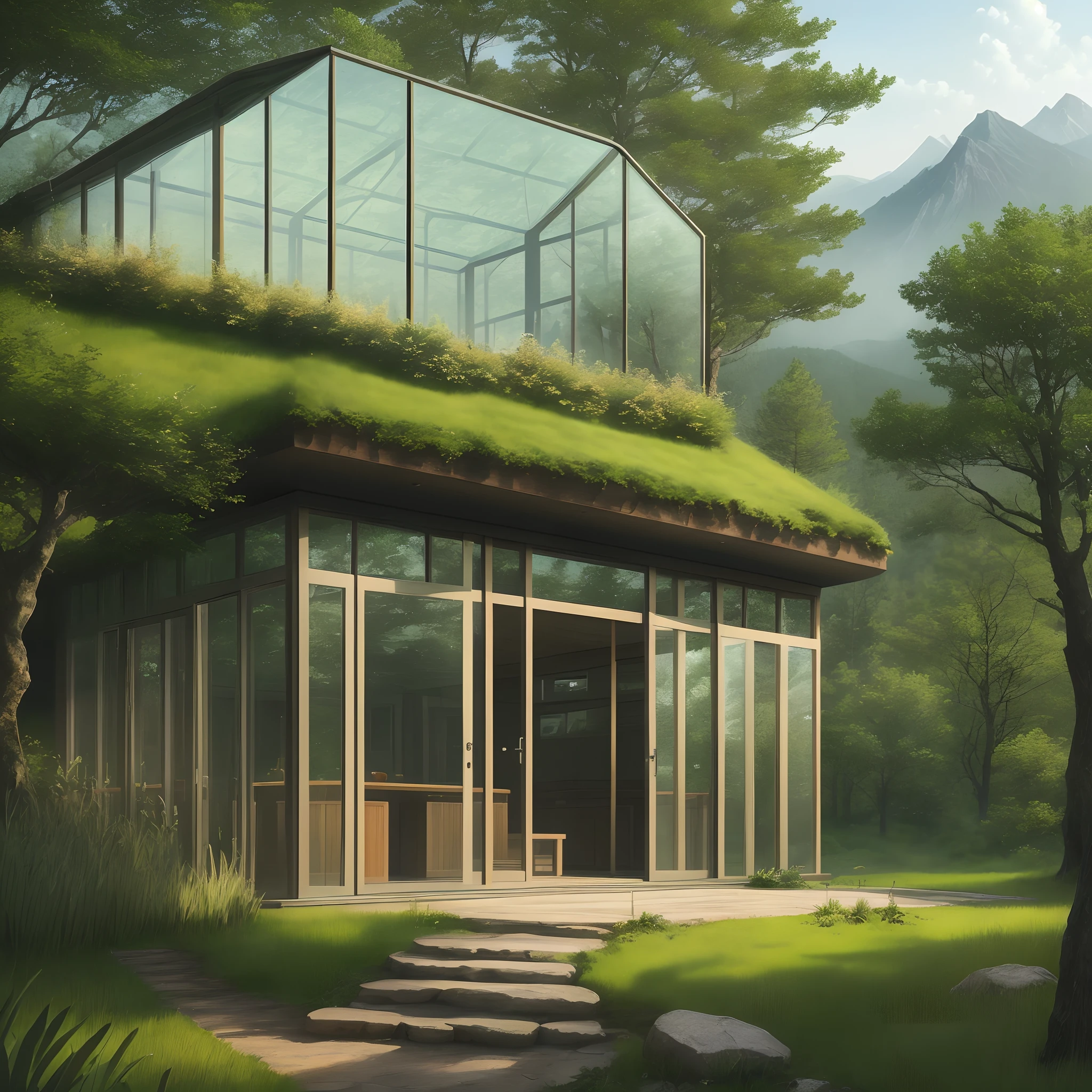 A glass house on the top of the mountain between grass and trees