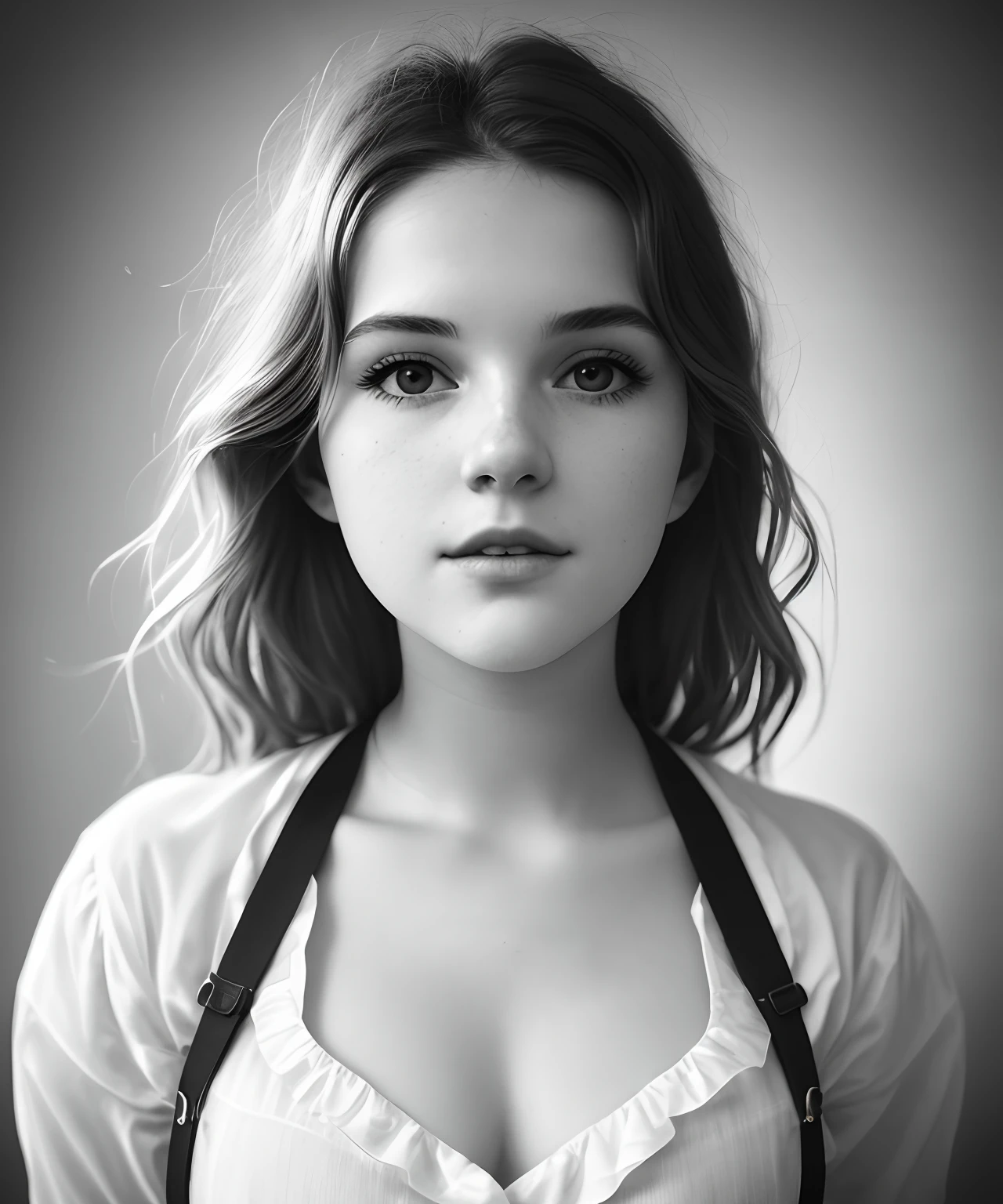 gros plan, belle fille, Physical rendering photo of a 21-year-old girl, Boucles, Rousseur, unbuttoned, chemisier blanc, fond noir, light on the face, Dream, magical atmosphere, lighting cinematic, braise, fantaisie, action pose, brouillard, CRU photo, 8K UHD, grain du film