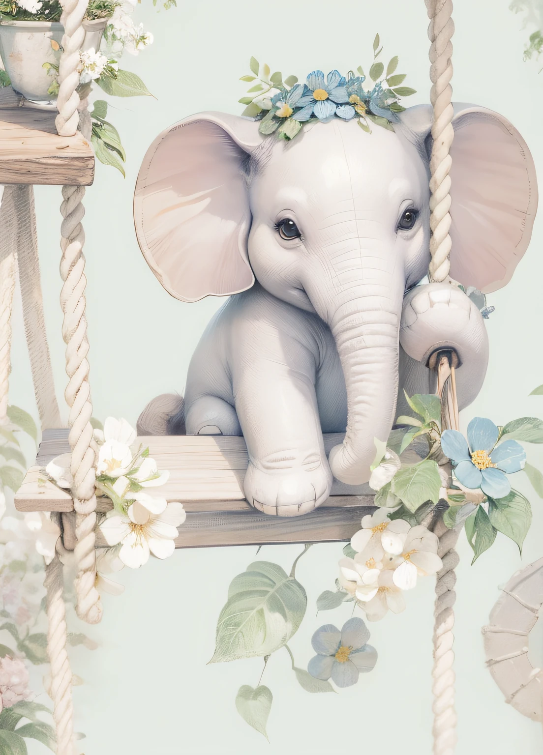 melhorar qualidade, pintura estilo sketch art, elefantinha jovem fofinha, sorrindo, Light wooden swing with small flowers
