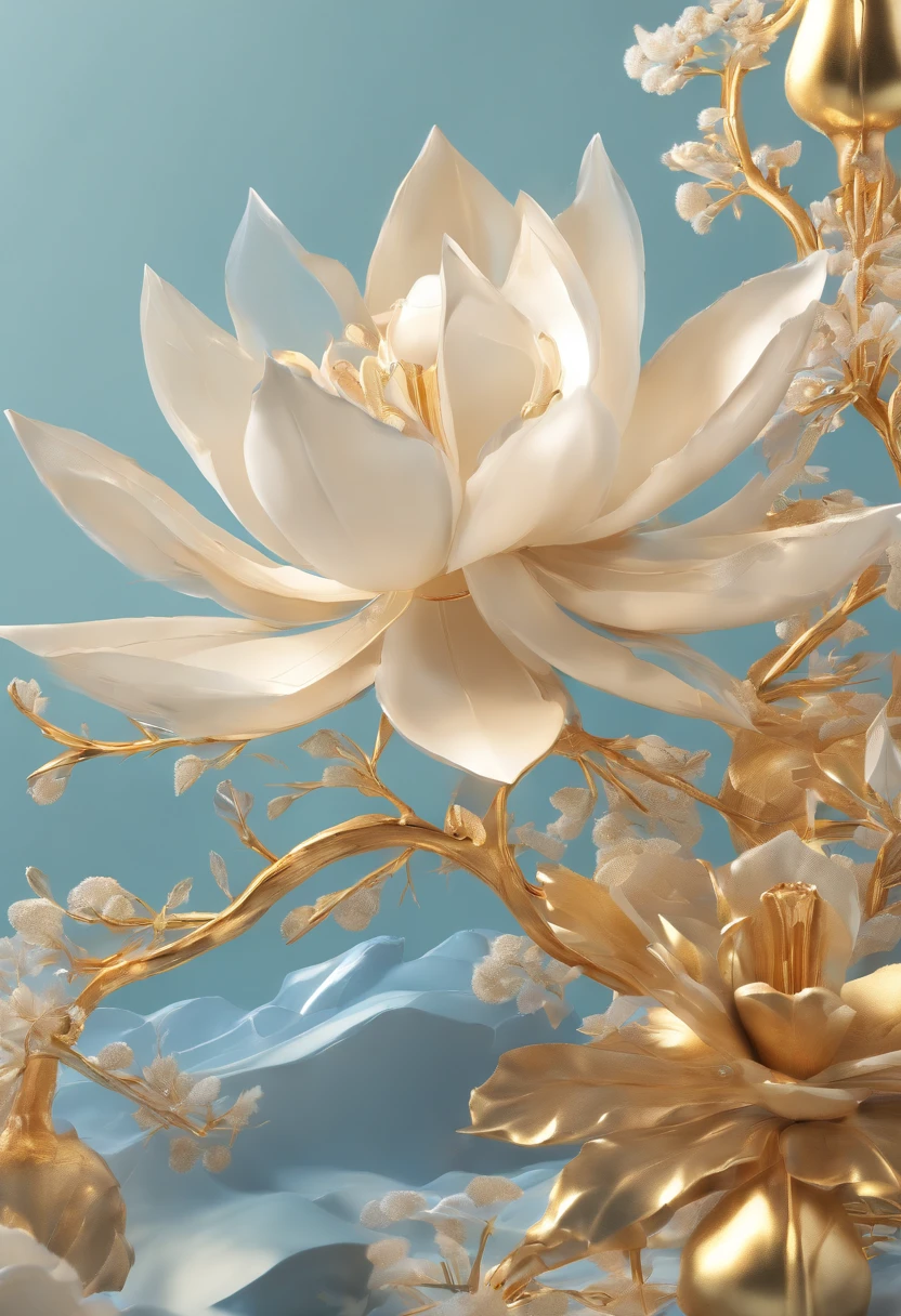 [adiamondnecklace], Inspired by snow and ice white light blue, Chinese classical style, dreamlike quality, Snowy mountain charm, Light indigo light gold, , Charming and elegant, radiation clusters, Highly detailed lotus, realistic detail,