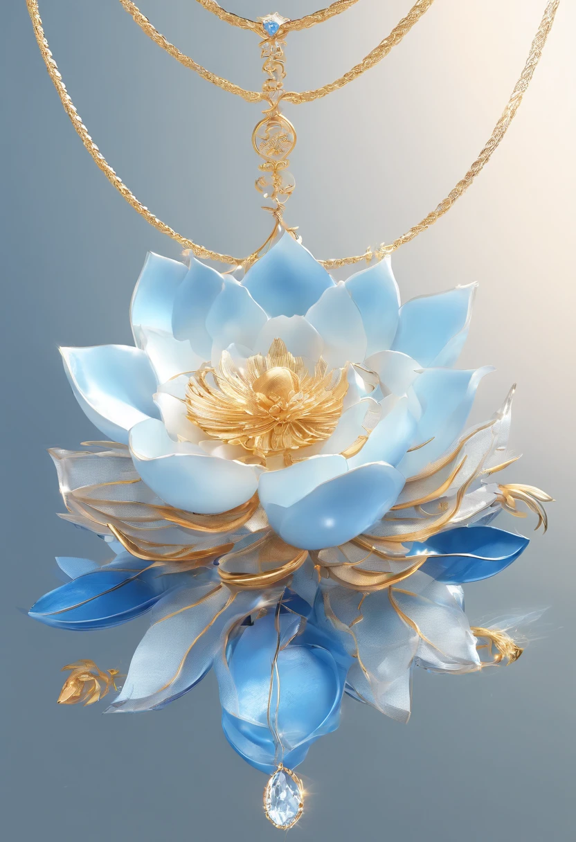 [adiamondnecklace], Inspired by snow and ice white light blue, Chinese classical style, dreamlike quality, Snowy mountain charm, Light indigo light gold, , Charming and elegant, radiation clusters, Highly detailed lotus, realistic detail,